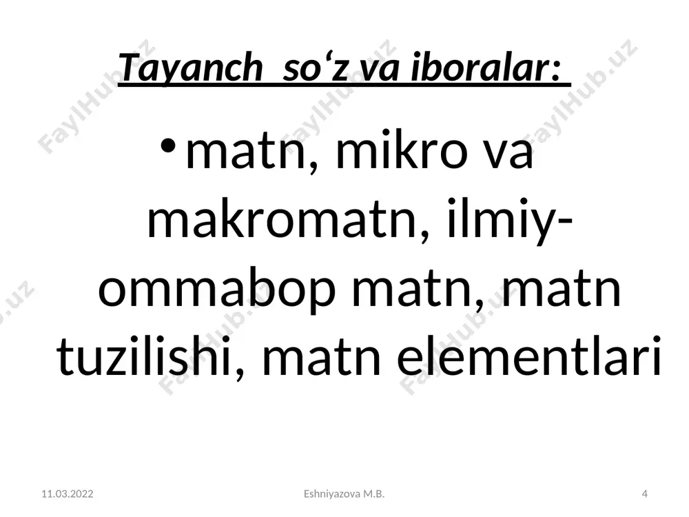 ’zlar, takroriy bo’laklar, olmoshlar, sinonimlar. 11.03.2022 * eshniyazova m.b. eshniyazova m.b. ko’r afandining yoshligidan birga o’sgan bir do’sti bor edi. yillar o’tib, u katta mansabga mindi. afandi uni lavozimi bilan tabriklash uchun idorasiga kirib bordi. do’sti afandi bilan ko’rishish o’rniga: - sen kimsan, nima ish bilan kelding? - deb do’q urdi. - meni tanimaysanmi, yoshlikdan birga yong’oq o’ynab o’sgan do’sting bo’laman. seni ko’r bo’libdi, deb eshitib, ko’ngil so’ragani keluvdim, - dedi afandi. (gazetadan) 11.03.2022 * eshniyazova m.b. eshniyazova m.b. sarlavha qo’ying. xatboshilarni aniqlang. matnni tugallang! qadim zamonlardan beri odamlar olamda yetti mo‘jiza bor deb hisoblashadi. bular misr fir’avnlarining ehromlari, bobilning osma bog‘i, ov xudosi artemida m a’badi, zevsning haykali, galikarnas maqbarasi, quyosh xudosi geliosning haykali va, nihoyat, nahri nilda faros orolidagi mayoqdir. darhaqiqat, ular benihoya ulug‘vor, benihoya noyob va go‘zal. ular yaratilgandan beri necha asrlar o‘tdi. lekin yetti mo‘jiza inson aqlining, tafakkurining, qalbining otashin madhiyasi, inson dahosining ulug‘ligiga qo‘yilgan mangu …