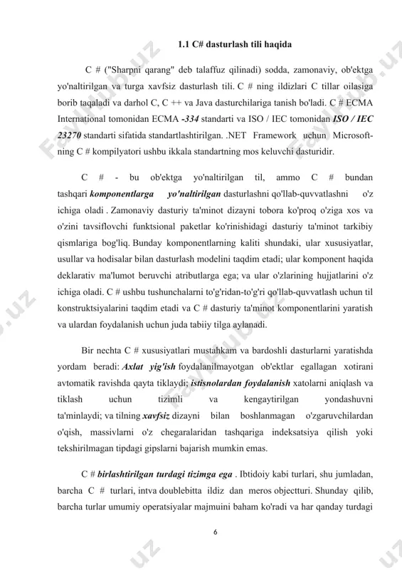 lida bajariladigan kodni va metama'lumotlar shaklida ramziy ma'lumotlarni o'z ichiga oladi . amalga oshirilishidan oldin assambleyadagi il kod avtomatik ravishda .net common language runtime dasturining just-in-time (jit) kompilyatori tomonidan protsessorga xos kodga aylantiriladi. c # dasturning dastlabki matnini bir nechta manba fayllarida saqlashga ruxsat beradi. ko'p faylli c # dasturi kompilyatsiya qilinganida, barcha manba fayllari birgalikda qayta ishlanadi va manba fayllari bir-biriga erkin murojaat qilishlari mumkin - kontseptual ravishda, barcha manba fayllari ishlov berishdan oldin bitta katta faylga birlashtirilganga o'xshaydi. oldindan deklaratsiyalar hech qachon c # -ga kerak emas, chunki juda kam istisnolardan tashqari, deklaratsiya buyurtmasi ahamiyatsiz. c # manba faylini faqat bitta umumiy turni e'lon qilish bilan cheklamaydi va manba faylida e'lon qilingan turga mos kelishini talab qilmaydi. turlari va o'zgaruvchilari c # da ikki xil tip mavjud: qiymat turlari va mos yozuvlar turlari . qiymat turlarining o'zgaruvchilari to'g'ridan-to'g'ri ularning ma'lumotlarini o'z ichiga oladi, mos yozuvlar turlarining o'zgaruvchilari esa …