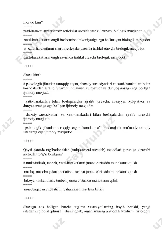 tashkil etilishini ta’minlashga haratilgan xatti-harakatlarning muayyan shakli ==== shaxsning ijtimoiy muhitga moslashishi yo‘lidagi xatti-harakatlarining muayyan shakli +++++ shaxsni shakllantirishga yo‘naltirilgan faoliyat samaradorligiga qanday erishiladi? ==== # faoliyatni pedagogik jihatdan to‘g‘ri uyushtirish asosida ==== faoliyatni ilmiy jihtdan to‘g‘ri tashkil etish orqali ==== faoliyatni izchil va doimiy nazorat qilish asosida ==== faoliyatda shaxsga maxsus ko‘rsatmalar berish orqali +++++ o`quvchilar tomonidan tashkil etiladigan faoliyatning asosiy turlarini ko‘rsating: ==== # o‘yin, o‘qish, mehnat ==== mehnat, sport, muloqot ==== o‘qish, mehnat, sport ==== o‘yin, o‘qish, o‘z-o‘ziga xizmat +++++ ko‘nikma nima? ==== # shaxsning muayyan faoliyatni tashkil eta olish qobiliyati ==== ongli xatti-harakatning avtomatlashtirilgan shakli, faoliyatning tarkibiy qismi ==== faoliyat negizida amalga oshiriladigan xatti-harakatlar ==== bilimning yetarlilik darajasi +++++ malaka bu: ==== # ongli xatti-harakat, faoliyatni bajarishning avtomatlashgan shakli ==== mehnat qilish jarayonida hosil bo‘lgan ko‘nikmalar natijasi ==== bililarning amalda bir necha bor qo‘llanilishi ==== inson tomonidan uzoq yillar davomida o‘zlashtirilgan bilimlar majmui +++++ ko‘nikma va …