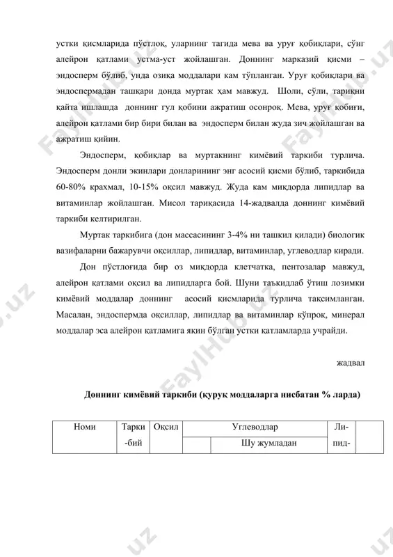 ан фойдаланиш талаб қилинади. бунда асосий мақсад механик таъсирлар ёрдамида мева ва уруғ қобиқлари, алейрон қатлами ва муртакни ажратишдан иборат. доннинг қолган қисмини асоан эндоспермдан иборат бўлган турли катталикдаги бўлакчалар ташкил қилади. донни янчиш натижасида ҳосил бўлган маҳсулот ун таркибида доимо донинг перифирил қисмлари (пўстлоғи, алейрон қтлами) мавжуд бўлади. ун ишлаб чиқариш бир неча босқичлардан иборат. буларга турли хил сифатга эга бўлган донларни аралаштириш. турли аралашмалардан тозалаш, гидротермик ишлов бериш, устки қисмларини тозалаш, донни бўлакларга бўлиб, эндосперни ажратиш, ажратилган маҳсулотларни саралаш, уларни ун олиш мақсадида майдалаш. жадвалда в.и.кретович бўйича буғдой донидан ун тортиш маҳсулотларининг таркиби келтирилган. жадвал буғдой донини тортиш маҳсулотлари (қуруқ моддаларга нисбатан % ларда) маҳсулот кулдорлик клетчатка пентозанлар крахмал липидлар оқсил дон 1,74 1,51 6,42 62,99 2,06 12,51 олий навли ун 0,47 0,13 1,57 80,10 0,99 10,33 i навли ун 0,53 0,22 1,84 77,84 1,20 11,15 ii навли ун 1,20 0,48 3,44 72,52 2,02 14,80 кепаклар 5,40 8,35 …