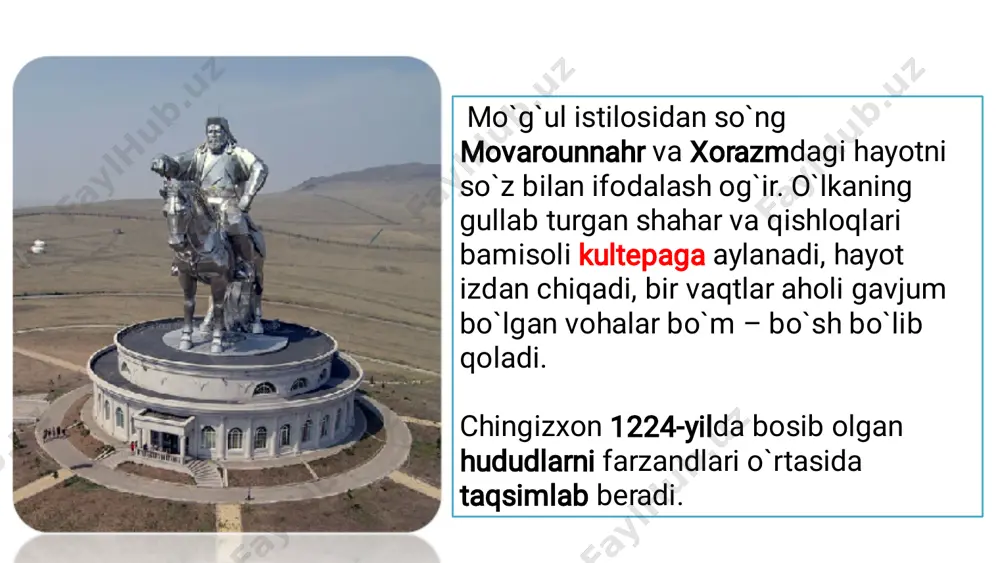shahar atroflarida manzil qurmaslikka, chorvani ekinzorlarda o`tlatmaslikka va bekordan bekorga jarima va soliq olmaslikka» qaror qiladilar. movarounnaҳr ҳukmdori mas'udbek pul isloҳoti o`tkazadi. u o`lkaning 16 ta shahar va viloyatlarida, bir xil vazn va o`lchovlarda yuqori qiymatga ega bo`lgan sof kumush tangalar zarb ettirib, muomalaga kiritgan. mo`g`ul amaldorlarining mahalliylashishi chig`atoy xoni bo`lgan duvoxon (1291 – 1306 yil) • andijon shahriga asos solingan chig`atoyning nabirasi muborakshoh (1264 yil) chig`atoy xoni kebekxon (1318–1326 yil) • mo`g`ul hukmdorlaridan 1-bo`lib islomni qabul qilgan qarshi (mo`g`ulcha “saroy”) shahriga asos soldi kebekxon 1321- yilda og'irligi 8 grammlik katta kumush tanga- «dinor» hamda 1 grammlik kichik tanga- «dirham»ni zarb ettirdi. yangi pul «kepaki» nomi bilan mashhur bo'lgan. dinor dirham kepaki yer egaligi hususiy mulk vaqf mulki mulki inju suyurg`ol yerlar mulki devon