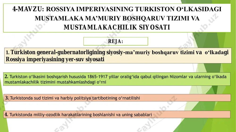 a hukmronligini o‘rnatish, mustahkam o‘rnashib olish, istilo qilingan joylarni qo‘ldan chiqarmaslik uchun, eng avvalo, mustamlakachilar o‘zlariga mos boshqaruv tartiblarini ishlab chiqishi va uni o‘lkada joriy qilishi kerak edi. mustamlakachilik siyosatining to‘liq amalga oshirilishida boshqaruv tartiblari asosiy tayanch hisoblangan. 18.06.2023http://aida.ucoz.ru 17 rossiya imperiyasining o‘rta osiyoda olib borgan bosqinchilik siyosatining davom ettirilishi natijasida mustamlakaga aylantirilgan hududlar kengayib borgan. 18.06.2023http://aida.ucoz.ru 18 turkiston general-gubernatori s. m. duxovskoy (1898– 1901): «turkiston o‘lkasi boshqa o‘lkalarga nisbatan tarixiy o‘tmishi, etnografik xususiyatlarini hisobga olgan holda alohida e’tibor berilishini talab qiladi», – degan edi. 18.06.2023http://aida.ucoz.ru 19 s. m. duxovskoy podsho hukumati toshkentni bosib olgandan so‘ng, 1865-yil 6-avgustda aleksandr ii «turkiston viloyatini idora qilish to‘g‘risidagi muvaqqat nizom»ni tasdiqlaydi. boshqaruv harbiy zobitlar qo‘liga o‘tadi. 18.06.2023http://aida.ucoz.ru 20 1908–1910-yillarda turkiston o‘lkasini podsho topshirig‘i bilan taftish qilgan senator k. palen ta’kidlaganidek, «o‘lkada eng kichik ahamiyatga ega bo‘lgan boshqaruv ham harbiy boshliqlar qo‘lida» bo‘lgan. 18.06.2023http://aida.ucoz.ru 21 k. palen mahalliy aholi vakillariga boshqaruvning eng quyi bosqichidagi …