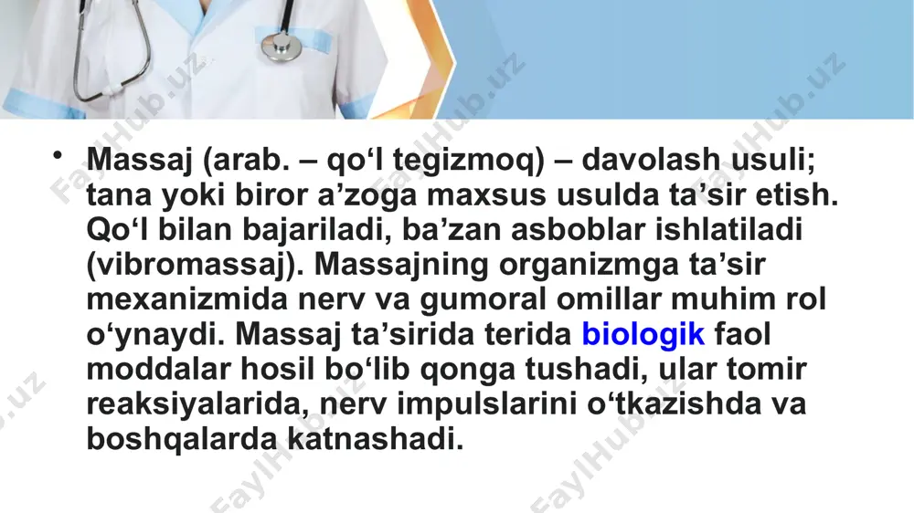 plates.com this presentation uses a free template provided by fppt.com www.free-power-point-templates.com massaj tarixi massaj qadim zamonlarda an'anaviy tibbiyotning boshqa turlari bilan birga paydo bo'lgan. tinch okeani orollarida yashovchi xalqlar tomonidan massajdan foydalanish haqida ma'lumotlar mavjud , bu massaj ibtidoiy xalqlarga tanish bo'lganligini ko'rsatadi. indoneziya aholisi orasida massaj ham keng tarqalgan edi . u umumiy yoki mahalliy effekt sifatida ishlatilgan va yoğurma, presslash, ishqalash va silashni o'z ichiga olgan. massaj o'zining asl ko'rinishida, ya'ni oddiy ishqalanish va silash kabi insoniyat rivojlanishining boshida davo sifatida paydo bo'lgan. afsonalarga ko'ra, odamlar og'riqni yo'qotish uchun shikastlangan joyni ishqalab, silab qo'yishgan. miloddan avvalgi 6-asrda qadimgi xitoyda shifokorlar tayyorlash uchun tibbiy va gimnastika maktablari mavjud bo'lib, ularda massaj fanlardan biri sifatida o'qitilgan. sarkofagi va piramidalardagi ieroglif yozuvlari, qadimiy papiruslar miloddan avvalgi 4000 y. ya'ni, qadimgi ossuriyaliklar , forslar va misrliklar massajni tibbiy va sog'liq uchun ishlatishgan. this presentation uses a free template provided by fppt.com www.free-power-point-templates.com …
