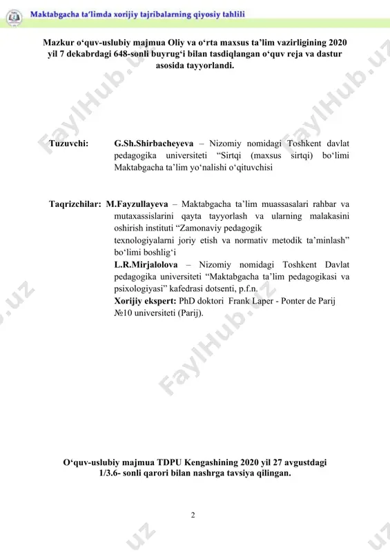 tabgacha ta’lim vazirligi, qoraqalpog‘iston respublikasi maktabgacha ta’lim vazirligi, toshkent shahar maktabgacha ta’lim bosh boshqarmasi, viloyatlar maktabgacha ta’lim boshqarmalari hamda ularning tuman (shahar)lardagi bo‘limlarini tashkil etish vazifasi belgilandi. o‘zbekiston respublikasi maktabgacha ta’lim vazirligi, uning hududiy bo‘linmalarining asosiy vazifalari va faoliyati yo‘nalishlari qatorida ilg‘or xorijiy tajribani hisobga olgan holda maktabgacha yoshdagi bolalarni har tomonlama intellektual, axloqiy, estetik va jismoniy rivojlantirish uchun shart-sharoitlar yaratish belgilangan. o‘zbekiston respublikasi prezidenti sh.mirziѐev rahbarligida 2017 yil 16 avgust kuni bo‘lib o‘tgan yig‘ilishda maktabgacha ta’lim tizimini tarkibiy jihatdan tubdan isloh qilish, mazkur muassasalarga bolalarni to‘la qamrab olish bo‘yicha muhim vazifalar qo‘yildi. bu boradagi tahlillar natijasida qisqa vaqtda ichida — o‘zbekiston respublikasi prezidentining ―maktabgacha ta’lim tizimini tubdan takomillashtirish chora-tadbirlari to‘g‘risida‖gi pq-3261-sonli qarori, ―maktabgacha ta’lim tizimi boshqaruvini tubdan takomillashtirish chora-tadbirlari to‘g‘risida‖gi pf5198-sonli farmoni hamda ―maktabgacha ta’lim tizimini boshqarishni takomillashtirish chora- tadbirlari to‘g‘risida‖gi pq-3955-sonli qarori qabul qilindi. o‘zbekiston respublikasi prezidentining ―maktabgacha ta’lim tizimi boshqaruvini tubdan takomillashtirish chora-tadbirlari to‘g‘risida‖gi farmonga muvofiq, zamonaviy …