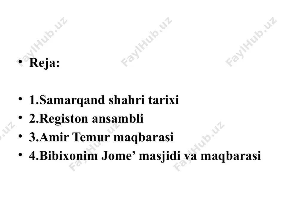 yil (1409-1449 y.) huqm­ron­lik qilgan ulug’ munajjim mirzo ulug’bek bu shaharning obodonchiligi borasida hyech narsani ayamadi. mirzo ulug’bekning farmoni bilan tuman og’a timining g’arbiy tomonida hashamatli madrasa qurish boshlanadi. 1420 yili qurib bitkazilgan bu madrasa o’z salobati va go’zalligi bilan zamondoshlarining hayratiga sazovor bo’lgan edi. madrasaning to’rt burchagida to’rtta baland minora bunyod qilinadi. madrasaning ichki hovlisida bir necha qulay va shinam hujralar, darsxonalar yuksak mahorat bilan ikki qavatli qilib qurilgan edi. shuningdek, madrasaning ichki va tashqi devorlari rang-barang koshinlar bilan bezatilgan edi. 8 registon maydoni xvii asrning boshlarida yana ulkan qurilish maydoniga aylandi. bu yerda samarqand hokimi yalangto’shbiy bahodir biri - biridan go’zal, hashamatli va ulug’vor ikki madrasasini bunyod qildirdi. ulug’bek madrasasining qarama-qarshi tomonida qad rastlagan sherdor madrasasini qurilishi 1619 yili boshlangan edi. bu madrasaning loyihasini yaratgan me’morlar uni har tomonlama ulug’bek madrasasiga o’xshatishga harakat qildilar. shu tufayli sherdor madrasasining peshtog’ini balandligi, moviy gumbazlari, salobatli minoralari xv asrda qurilgan ulug’bek …
