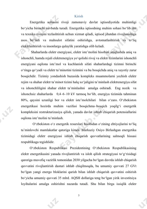 te’moli bo‘yicha samarali texnologiyalarni hamda uy-joy va ijtimoiy binolar uchun energiya tejaydigan lampalarni joriy qilish ishlari olib borilmoqda, respublika hududida quvvati 40 vtdan yuqori bo‘lgan cho‘g‘lanma lampalarni sotish to‘xtatildi. xalq ta’limi vazirligi, sog‘liqni saqlash vazirligi va o‘rta maxsus kasb-hunar ta’limi markazining byudjetdan moliyalashtiriladigan muassasalarida energiya sig‘imi yuqori bo‘lgan isitish qozonlarini energiya tejamkorlariga almashtirilmoqda. energetika tarmog‘ida zamonaviy gaz va bug‘ turbinali qurilmalarni joriy qilish bo‘yicha investitsiya loyihalari amalga oshirilmoqda. 2017-2021-yillarda gidroenergetikani yanada rivojlantirish chora-tadbirlariga doir qabul qilingan dastur doirasida 42 ta yangi gidroelektrostansiya qurish va ishlab turgan 32 ta gidroelektrostansiyani modernizatsiya qilish hisobiga 2025-yilga qadar respublikamizning ekologik toza gidroenergiya ishlab chiqarish quvvatlarini 1,7 barobarga oshirish nazarda tutilmoqda. shu bilan birga, ko‘rilayotgan chora-tadbirlarga qaramasdan, milliy iqtisodiyotning energiya sig‘imi yuqoriligicha qolmoqda, qayta tiklanuvchi manbalarni sanoat ishlab chiqarishiga jalb etish hisobiga yoqilg‘i-energetika balansini diversifikatsiyalash darajasi jahon tendensiyasiga javob bermaydi. elektr va issiqlik energiyasini ishlab chiqarishda birlamchi yoqilg‘i sifatida asosan tabiiy gaz va boshqa an’anaviy …