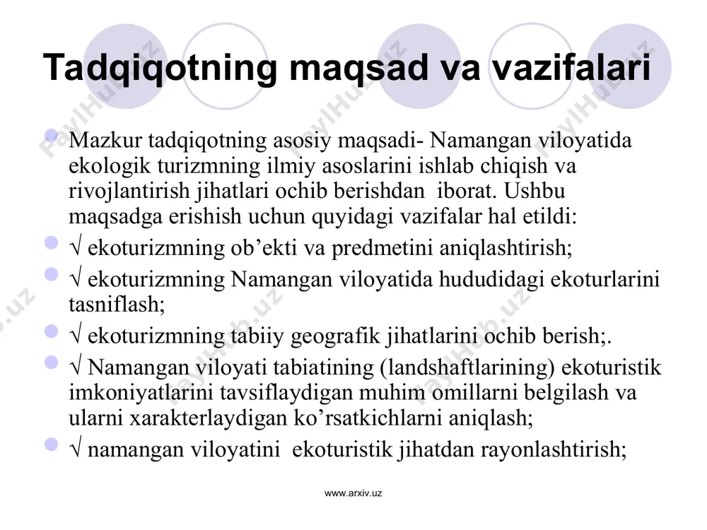 alga oshmoqda. shunday qilib, turizm va tabiatni muhofaza etishni quyidagi turlarga bo’lish mumkin: a) tabiatni turizmdan muhofaza etish; b) tabiatni turizm uchun muhofaza etish; v) tabiatni turizm yordamida muhofaza etish. www.arxiv.uz www.arxiv.uz * ekoturizmning turlari va tarkibiy qismlari ilmiy turizm tabiat tarixini o’rganish turlari sarguzasht turizmi alohida muhofaza etiladigan turizm www.arxiv.uz www.arxiv.uz * ekologik turizm tarkibi www.arxiv.uz www.arxiv.uz * ekoturizmni ekoturlar bo’yicha tasniflanishi. (t.v.bochkaryova bo’yicha, 2003) www.arxiv.uz ekoturizm ekoturlar sinfi 1. qo’riqlanadigan yovvoyi tabiat chegarasidagi 2. qo’riqlanadigan yovvoyi tabiat chegarasidan tashqarisidagi 3. madaniy lanshaftlardagi ko’rinishlari 1. asosiy maqsad bo’yicha 2. asosiy ob’ekt bo’yicha shakllari 1. qatnashuvchilarning yoshi bo’yicha 2. qatnashuvchilarning salomatligi bo’yicha (chegaralangan holda) 3. guruhlarning soni bo’yicha (katta va kichik) www.arxiv.uz * namangan viloyatining tabiati va ekoturistik imkoniyatlari namangan viloyati nafaqat o’zbekistonda, balki butun markaziy osiyo hududida takrorlanmas tabiiy manzaralarga egaligi bilan ajralib turadi. viloyat markaziy osiyoning “javohiri” hisoblangan farg’ona vodiysining shimoliy qismida joylashgan bo’lib, cho’zilgan to’rtburchakni eslatadi hamda …