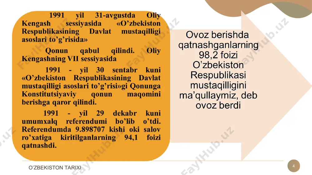 ydi va eʼlon qiladi; qonunga oʻz eʼtirozlarini ilova etib, uni takroran muhokama qilish va ovozga qoʻyish uchun oʻzbekiston respublikasi oliy majlisiga qaytarishga haqli; - oʻzbekiston respublikasiga hujum qilinganda yoki tajovuzdan bir-birini mudofaa qilish yuzasidan tuzilgan shartnoma majburiyatlarini bajarish zaruriyati tugʻilganda urush holati eʼlon qiladi va qabul qilgan qarorini uch kun ichida oʻzbekiston respublikasi oliy majlisi palatalarining tasdigʻiga kiritadi; - favqulodda vaziyatlar (real tashqi xavf, ommaviy tartibsizliklar, yirik halokat, tabiiy ofat, epidemiyalar) yuz berganda oʻzbekistonning butun hududi yoki ayrim joylarda favqulodda holat joriy etadi - oʻzbekiston respublikasi qurolli kuchlarining oliy bosh qoʻmondoni hisoblanadi, qurolli kuchlarning oliy qoʻmondonlarini tayinlaydi va vazifasidan ozod qiladi, oliy harbiy unvonlar beradi; o’zbekiston tarixi prezidentlik hokimyati * o’zbekiston respublikasi prezidentining asosiy vakolatlari: - oʻzbekiston respublikasining ordenlari, medallari va yorligʻi bilan mukofotlaydi, oʻzbekiston respublikasining malakaviy va faxriy unvonlarini beradi; oʻzbekiston respublikasining fuqaroligiga va siyosiy boshpana berishga oid masalalarni hal etadi; amnistiya toʻgʻrisidagi hujjatlarni qabul qilish haqida oʻzbekiston respublikasi …