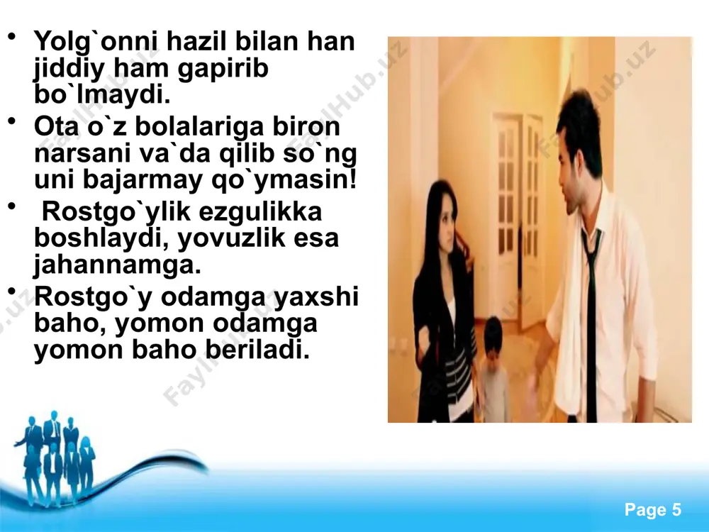 ee powerpoint templates page bola mevaga ota-ona esa daraxtga o`xshaydi, daraxtni yaxshi tarbiya qilsang mevasi yaxshi va shirin bo`ladi. shuningdek ota onaga izzat va hurmatni ko`proq qilsang ularning sen haqingdagi duosi tezroq mustajob bo`ladi. meros olish xirsi bilan ota-onaning o`limini also istamagil. ularning rizqi orqali rizqqa ega bo`lasan, rizq taqsimlash kundagi tiriklik deb o`zingni azobga qo`ymagil. free powerpoint templates page bolaning ota –onaga peshvoz chiqishi yukini, kiymini qo`lidan olishi ham o`zbeklarning qadimiy odati. masalan ota ishdan kelganda uning jajjigina o`g`ilchasi yoki qizalog`i yugurib borib kiyim boshini yechishga yordamlashadi. oilaviy munosabatlar bolalarda yaxshi xislatlarni shakllantiradi free powerpoint templates page bola tarbiyasi qonuniyatlarini bilmagan vaqtda bola tarbiyasiga e`tibor bermagan ota-onalar bir kuni pand yeydilar. shunday hollar yuz bermasligi uchun bolaning dunyoga kelishi bilanoq uni to`g`ri tarbiyalash pedagogika fanining shu sohadagi tavsiyalariga e`tibor berish zarur. free powerpoint templates page xalqimizda “har kim ekanini o`radi, bug`doy ekkan bug`doy, arpa ekkan arpa o`radi” degan maqol …