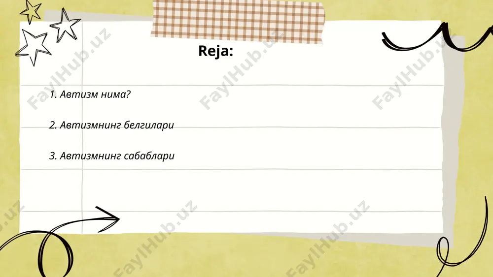 ёки ўхшаш касалликлар кузатилиши мумкин. эпидемиологик тадқиқотларга кўра, автозм тарқалиши тахминан ҳар 54 боладан 1 тасида учрайди. атроф-муҳит омиллари ҳам ўз таъсирини кўрсатиши мумкин, лекин уларнинг қандай таъсир қилиши тўлиқ тушунтирилмаган. тадқиқотлар нейроинфламатция ва мода емиргичларнинг ҳам таъсири бўлиши мумкинлигини кўрсатмоқда. аммо ваксиналар автозм сабабчиси эмас деган илмий хулоса қилинган. умуман, автозмнинг сабаблари турлича бўлиши мумкин ва уларни аниқлашда илмий изланишлар давом этмоқда. ... t.me/slaydai_bot 4. автизмни аниқлаш автизм бу нейро-рушид виждон ҳолатидир, у оилавий ва катта жамиятдаги жисмоний ва манавий ҳаяжонланганликни айниқса боғлиқлилик тенденцияларини қамраб олади. янги тадқиқотлар натижаларига кўра, автозмни аниқлаш учун кўп ҳолларда ёш болаларда учрайдиган белгиларга эътибор қаратиш лозим. автизмнинг аниқ ташҳисини қўйиш учун чуқур психологик тестлар ва кузатишлар ўтказилади. айниқса, 3 ёшгача бўлган ёш болаларда тил ва ижтимоий алоқаларда муаммолар кузатилган бўлса, автозмни текширишга катта аҳамият бериш керак. дунё бўйича ҳар 160 боладан бирида автозм спектри бузилиши (асб) мавжуд бўлиши мумкин, ва бу ҳолатни даволаш …