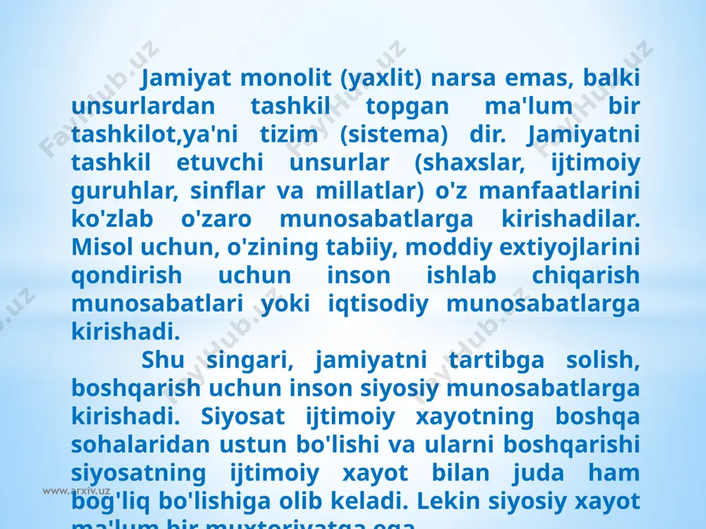 hi qoidalar vazifasini o'taydilar. bu qoidalar konstitutsiya va boshqa huquqiy aktlarda mujassamlanadi, yoki avloddan avlodga o'tib keluvchi an'analarda aks etadi. kommunikativ (bog'lanuvchi) podsistema siyosiy tizimni jamiyat va uning boshqa tizimlari bilan bog'laydi. siyosiy sub'ektlarning o'zaro munosabatga kirish usullari kommunikativ podsistema shaklini belgilab beradi. www.arxiv.uz madaniy podsistema qadriyatlar tizimi, din, madaniyat va milliy ongni o'z ichiga oladi. siyosiy madaniyat ham jamiyatda qaror topgan ma'naviy qadriyatlardan kelib chiqadi. ma'naviy qadriyatlar siyosiy qarorlarga madaniy tus beradi. funksional (faoliyat) o'z ichiga siyosiy hokimiyatning amalga oshirish vositalarni oladi. bular kelishuv, majburlash, avtoritet (obro', e'tibor) va x.k. funksional podsistema deganda hokimiyat qanday usullar orqali o'z faoliyatini olib borishi tushuniladi. yuqorida aytib o'tganimizdek siyosiy tizimning har bir unsurlari yoki podsistemalari o'ziga yuklatilgan vazifalarni bajaradi. bu vazifalar siyosiy tizimga ham to'liq taaluqli. siyosat ijtimoiy tizimning bir ko'rinishi bo'lib, jamiyat tomonidan unga yuklatilgan vazifalarni bajaradi. bular quyidagilardan iborat: www.arxiv.uz 1. manfaatlarni ifoda etish funksiyasi. siyosiy tizim turli xil tashkilotlar …