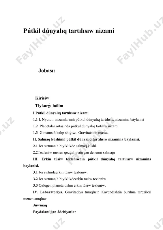 irine tásir korsetedı. denelerdıń ortasındaǵı bunday óz áro tártilisiw kúshleri pútkil dúnyalıq tartılısıw kúshleri delinedi. denelerdıń jerge túsiwi, aydıń jer átrápinda berık orbıta boylap qozǵalıwı, planetalardıń, quyash átrapindaǵı hámde soǵan qusas basqa qozǵalıslar pútkil dúnyalıq tartılısıw kúshleri tásirinde boladı. ulli ilimpáz abu rayhan beruniy atomnan keyingi boleksheler árasında óz ára tártisiw kúshleri bar ekenligin aytıp otedi. ol abu ali ibn sinoǵá jibergen xatında sonday jazǵan edi «……. áytayıq, atom eki bolekke bolınsın. bul bóleksheler órtasında boslıq bolıp, bul boleksheler qozǵalısta hám bul bóleksheler árasında óz ára tartılısıw kúshleri bar» . bizge belgili atom quramında elektron hám proton bar, bunı yevropa álimlari xix ásirdiń ahırlarında oylap taptı. babamız beruniy bolsa boleksheler órtásinda óz ara tásirlesiw kúshleri bar ekenligin aytıw menen birge, deneler arasında da, aspan denelerı menen jer ortasındada óz ara tártisiw kúshleri bar ekenligin esletdi. beruniydiń bul pikirlerinen kiyin vi ásirden soń, i. nyuton pútkil dúnyalıq tartılısıw kúshleri haqqında nızamdı …