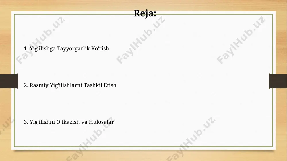 олиш муҳим, масалан, душанба эрталабки соат 10:00 дан 12:00 гача вақтни кўпчилик учун қулай деб ҳисоблаш мумкин, бу вақт 2 соат давом этади. yig'ilish bayonnomasi va materialini tarqatish баённомада 7 та асосий қарор ва 15 та таклиф акс эттирилиб, навоий вилоятидаги мансабдор шахсларга ҳам жўнатилади. йиғилиш баённомаси 5 кун ичида, ҳужжатларнинг электрон ва қоғоз нусхалари билан бирга, тошкент шаҳридаги барча иштирокчиларга тарқатилади. rasmiy yig'ilishlarni rejalashtirish yig'ilishning samarali o'tishi uchun kun tartibi kamida 3 kun oldin tarqatilib, har bir bandga 15-20 minut vaqt ajratilishi rejalashtirilishi lozim. bunda muhokama qilinadigan hujjatlarning soni 5 tadan oshmasligi tavsiya etiladi. toshkentdagi yig'ilish uchun transport masalasini oldindan hal qilish muhim: taksi xizmatlaridan foydalanish yoki korporativ avtobus buyurtma qilish, ishtirokchilar soniga qarab 2-3 ta avtobus kerak bo'lishi mumkin. qarorlarni qabul qilish va bayonnoma tayyorlash qarorlarni qabul qilishda kamida 2/3 ishtirokchilarning ovozi bilan tasdiqlanganligi, bayonnomada aniq sanasi, joyi (masalan, toshkent shahri, "amir temur" majlis zali) va raqamlanishi kerak. …