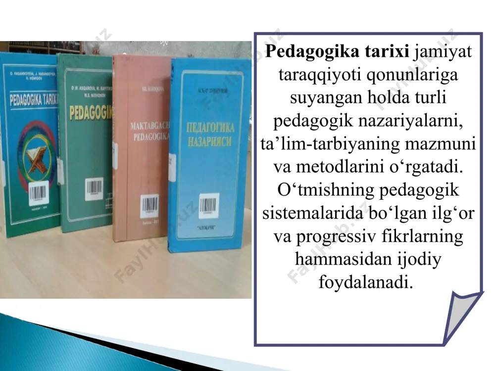 eradi. shuningdek, o‘tmishning ta’lim – tarbiya sohasidagi eng yaxshi tajribalarini o‘rganadi, bu esa uning kundalik pedagoglik faoliyatida yordam beradi, uni bevosita amaliy faoliyatga tayyorlaydi. eng qadimgi davrdan vii asrgacha ta`lim-tarbiya va pedagogik fikrlar eng qadimgi yozma manbalar (avesto ) qadimgi turkiy xalqlar yodgorliklari ibtidoiy jamiyatda bola o‘zi uddalay oladigan faoliyatning tashkil etilishida bevosita ishtirok etib, hayot kechirish va mehnat qilish ko‘nikmalarini o‘zlashtirgan. bu holat og‘ir sharoitda kechgan. o‘g‘il bolalar erkaklar bilan ov qilish, qurol yasash kabi yumushlarni bajarsalar, qizlar ayollar tomonidan bajariladigan mehnat sirlarini o‘zlashtirar edilar. hech qaerda yozilmagan odat va an’analarga ko‘ra, yosh bolalar keksalar nazorati ostida ma’lum tajribalarga ega bo‘lardilar. bola ma’lum tayyorgarliklardan so‘ng maxsus sinovlardan o‘tib, amaliy faoliyatda faol ishtirok eta olish huquqini qo‘lga kiritar edi. ushbu an’ana, ya’ni, bolalarni ma’lum yoshgacha enaga yoki murabbiyga topshirish yaqin davrlargacha saqlanib qolgan, hatto hozirgi kunda ham ko‘zga tashlanadi. urug‘chilik jamoasi bosqichida esa bolalar mehnatining ko‘lami kengayib, kasb-hunar faoliyatining turlari …