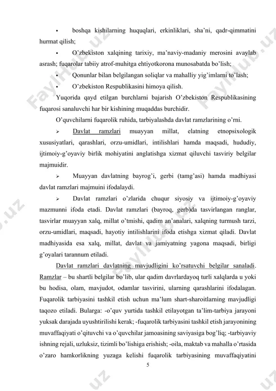 etish jarayonida shaxsda vatanparvarlik (lotincha «patriotes» – vatandosh, «patris» – vatan, yurt) tuyg’usini shakllantirishga alohida e’tibor qaratiladi. binobarin, fuqaro muayyan davlatning a’zosi sifatida uning sha’ni, obro’-e’tiborini ta’minlashi, uning manfaatlari uchun kurasha olishi zarur. «vatan atamasi aslida arabcha so’z bo’lib, ona yurt ma’nosini bildiradi, vatan tushunchasi ken va tor ma’noda qo’llaniladi. keng ma’noda-bir xalq vakillari jamuljam yashab turgan, ularning ajdodlari azal-azaldan istiqomat qilgan hudud nazarda tutilsa, bu keng ma’nodagi tushunchadir. tor ma’noda-kishi tug’ilib o’sgan uy, mahalla, qishloq nazarda tutilsa, bu tor ma’nodagi tushunchadir». vatanparvarlik shaxsning o’zi mansub bo’lgan millat, tug’ilib o’sgan vatani tarixidan g’ururlanishi, buguni to’g’risida qayg’urishi hamda uning porloq istiqboliga bo’lgan ishonchini ifoda etuvchi yuksak insoniy fazilat sanaladi. vatanparvar shaxs qiyofasida quyidagi sifatlar namoyon bo’ladi: -vatanga bo’lgan mehr-muhabbat, unga sadoqat. -o’zi mansub bo’lgan millat o’tmishi, urf-odatlari, an’analari va qadriyatlariga sodiqlik. -vatan va millat tarixidan g’ururlanish. -yurtning moddiy, shuningdek, millat tomonidan yaratilgan ma’naviy boyliklarini asrash, ularni ko’paytirish borasida g’amxurlik qilish. -vatan …