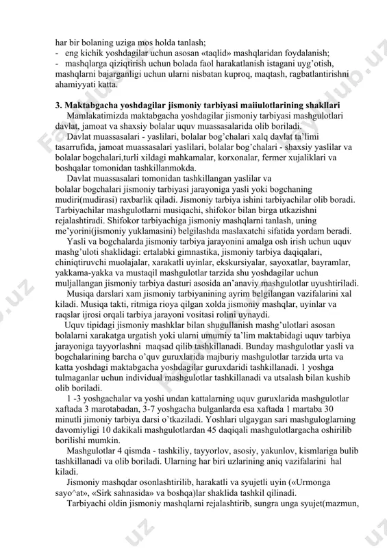 amda \harakat madaniyatini shakllanishiga zamin yaratishning asosiy poydevori bulib xizmat qiladi. shuning uchun ham «soglom turmush tarzi jismoniy madaniyatining poydevori maktabgacha ta’lim muassasalarida quyiladi» deyilishi bejiz emas. 2. maktabgacha yoshdagi bolalar jismoniy tarbiyasining vositalari. maktabgacha ta’lim yoshi asosan 3-7(6) yoshdalik - ilk bashlыk davrini uz ichiga oladi. bu yosh davomida bola organizmi (ulik, rivojlanishda davom etib, jismoniy tayyorgarligi darajasi ortadi, organizmning xayotiy-zaruriy xarakat malakalari va kunikmalarining zaxirasi e’tiborli darajada ortgan buladi. maktab yoshigacha bolalar jismoniy tarbiyasi jarayonining asosiy vositalari jismoniy mashqlar, tabiatning soglomlashtirish kuchlari, gigenik omillar sanaladi. ularni tarbiya jariyonidagi ahamiyatiti hozirgi kun jismoniy tarbiya amaliyotida isbotlangan. yuqooridagilarni ta’siridan tashqari bolaning kunlik xarakat faoliyati (xar kunlik xarakatlari, rasm olish, chizish va boshsa turli xildagi uyinlar, musiqa, jismoniy mexmat) shunday rejalashtirilishi lozimki, bularning barchasi uning jismoniy rivojlanishiga imkoniyatni kengaytirsin. chunki, bu yoshdagilarning organizmining hayotiy funksiyalari belgilangan ritm asosida kechadi. inson bir xil ritmda nafas oladi, yuragi bir xil ritmda nafas oladi, …