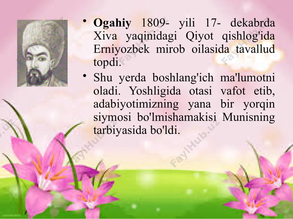 , shoirning uy-muzeyi ochilgan; muzey oldida ogahiyga haykal o‘rnatilgan. ogahiy g`azalyoti musoviyattarafayn ul sho'xki ochildi xat-u ruxsori ochildi rayohinda yuzi gulnori xat-u yuzi besabr-u qarori man-man ruxsori gulnori man man zori ilohi, har kuning navro'z bo'lsun… ilohi, har kuning navro'z bo'lsun, hamisha tole'ing feruz bo'lsun. bo'lub ayyomi navro'zing muborak, zamiring inbisot anduz bo'lsun. qilib partav fikanlik ayni adling quyoshoso jahon afruz bo'lsun. sango doyim bo'lub davlat qushi rom, shikor andoz-u dastomuz bo'lsun... ustina mushkin qoshining hay'ati ul chashmi jallod ustina, qatlim uchun "nas" kelturur "nun" eltibon "sod" ustina. qilg'il tamosho qomati zebosi birla orazin, gar ko'rmasang gul bo'lg'onin payvand shamshod ustina. noz-u adou g'amzasi qasdim qilurlar dam-badam, vah, muncha ofatmu bo'lur bir odamizod ustina. man xastag'a jon asramoq emdi erur dushvorkim, qotil ko'zi bedod etar har lahza bedod ustina... bilimingizni sinang! 1. o`z ijodining ko`lami, she’riyatining ko`rkamligi va badiiy salmog’i bilan navoiydan keyingi o`rinda turuvchi sermahsul va serqirra ijodkor kim? …