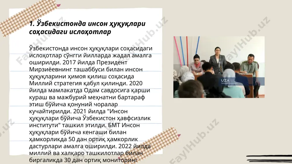 асидан, 2022 йилда 2000 дан ортиқ мурожаат кўриб чиқиб, 1500 дан ортиқ муаммо ҳал қилинган. бу институт доирасида 500 га яқин семинар ва тренинглар ташкил этилган. омбудсман инсон ҳуқуқлари бўйича 20 данзиёт ва ҳисоботлар нашр қилади, бу халқаро стандартларга мос келади. ... t.me/slaydai_bot ўзбекистон инсон савдосига қарши курашишда бир қатор чора-тадбирларни амалга оширмоқда. октябр 2022 йил ҳолатига кўра, мамлакатда инсон савдосига қарши қонунчилик мустаҳкамланиб, 2020 йилда янги қонун қабул қилинган. 2019 йилдан 2023 йилга қадар 400 дан ортиқ инсон савдоси билан боғлиқ жиноятлар аниқланган ва 250 дан ортиқ жабрдийдалар ёрдам олган. тошкент шаҳрида 60 га яқин халқаро ташкилотлар билан ҳамкорлик ишлари олиб борилмоқда. давлат кўмагидан ташқари, 15 та нодавлат ташкилот инсон савдоси хавфини тушуниш бўйича маъруза ва тренинглар ўтказмоқда. 2023 йилда 30 га яқин янги қўллаб-қувватлаш марказлари очилди. ... t.me/slaydai_bot 7. хотин-қизлар ҳуқуқлари ва гендер тенглиги хотин-қизлар ҳуқуқлари ва гендер тенглиги ўзбекистонда муҳим аҳамиятга эга мавзу. 2022 йилдаги маълумотларга кўра, …