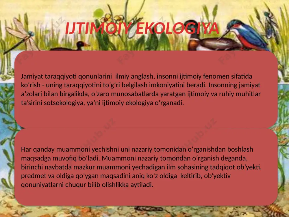 . bu moddalar uz navbatida tabiatga kaytariladi va autotroflar tomonidan yana moddalar davriy aylanishga jalb kilinadi. www.arxiv.uz biosenoz kuyidagi asosiy tarkibiy kisimlardan tashkil topadi :1 – produtsenlar (xosil kiluvchilar ); 2-radutsenlar yoki destruktorlar ( istemol kiluvchilar ); 3-redutsentlar yoki destroktorlar (parchalovchilar ) reduntsenlar – xam gtorop roflar xisoblanadi. www.arxiv.uz ular asosan mikrorganizimlardan tashkil topib xayvon va usimliklarning ulik tanasini parchalab organik moddalarni oddiy organik moddalarni oddiy organik moddalarga parchalaydi. arganik moddalarning kup kismi darxol parchalanmay, yogoch, tuproging organik kismi chukmalar sifatida saklanadi. bu organik moddalar kup ming yillar davomida saklanib, kazilma yokilgiga (torf, kumir va neft, ) aylanadi. xar yili erda fotosintezlovchi organizmlar 100 mlrd. t ga yakin organik moddalarni sintezlaydi. geologik davr (1 mlrd. yil) davomida organik moddalar parchalanishiga kura kuprok sintezlaydi. geologik davr (1 mlrd. yil) davomida organik moddalar parchalanishiga kura kuprok sintezlanishi natijasidaatmosferada so2 ning mikdori kamayib o2 mikdorining ortishiga olib keldi. xx asrning ikkinchi yarmida sanoat …