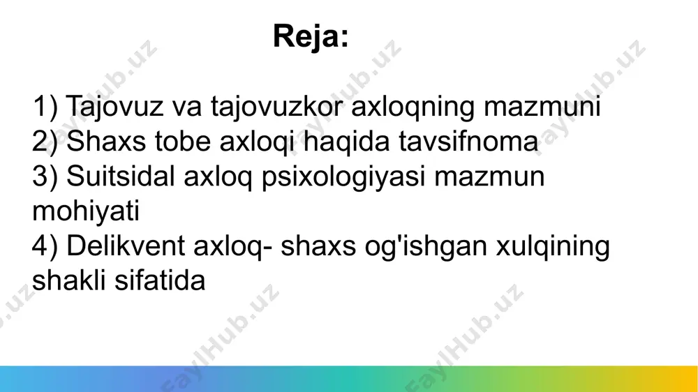 niy giyohvand) moddalar; 2) spirtli ichimliklar iste'moli ( ko'pchilik tasniflarda birinchi guruhchaga taalluqli); 3) taom; 4) o'yinlar ( azart o'yinlar ) 5) jinsiy aloqa; 6) din va diniy ibodatlar. 11 sanab o'tilgan obyektlarga muvofiq tobe axloqning quyidagi shakllari ajratiladi: - kimyoviy bog'liqlik ( chekish, toksikomaniya, giyohga muhtojlik, dorilarga muhtojlik, ichkilikka bog'liqlik); - ovqatlanish axloqining buzilishi (ko'p yeyish, ochlik, taomdan voz kechish); - gembling - o'yinga tobelik (kompyuterga bog'lanib qolish, azart o'yinlar); - jinsiy addiktsitalar ( zoofiliya, fetishism, pigmalionizm, transvestizm, eksbitsionizm, vuayerizm, nekrofiliya, sadomazoxizm); - diniy destruktiv axloq (fanatlik). 12 3. suitsidal axloq hozirgi davrda suitsidal axloq global jamoatchilik muammosi hisoblanadi. butun jahon sog'likni saqlash tashkilotini ma'lumoti bo'yicha dunyoda har yili 400-500 mingga yaqin odam o'z-o'zini o'ldirish bilan hayotini yakunlaydi, o'z-o'zini o'ldirishga urunishlar esa -10 barobar ortiq. yevropa mamlakatlarida o'z-o'zini o'ldirish miqdori qotillikdan 3 barobar yuqori turadi. 13 o'z-o'zini o'ldirish, suitsid ( lot. " o'z-o'zini o'ldirish )- bu ongli ravishda qilingan …