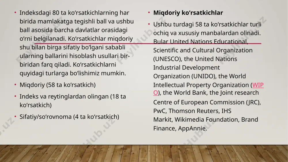 ubyektlari (texnologik parklar, texnologiyalar transferi markazlari, innovatsion klasterlar, venchur fondlar, innovatsiya markazlari, biznes-inkubatorlar va akselerator) soni dona 25 45 55 65 75 3. innovatsion faol tadbirkorlik subyektlari soni (sanoat ishlab chiqarish tashkilotlarining umumiy sonida) dona 613 930 1 215 1 500 2 250 4. ilmiy hajmdor mahsulotlar ishlab chiqarishga ixtisoslashgan yangi innovatsion (spin-off) korxonalar soni dona 0 14 22 28 36 5. tashqi bozorlarga umumiy eksportda yuqori texnologiyali mahsulotlar eksportining ulushi % 2,1 3 4 5 6 6. ichki va tashqi bozorlarda tijoratlashtirilgan ilmiy ishlanmalar soni dona 150 250 275 300 325 7. xususiy sektorning ishlanma va tadqiqotlarga investitsiyalari hajmi mln so‘m 2 804 3 500 4 750 6 000 8 250 8. ishlanma va tadqiqotlarga ajratilgan xorijiy grantlar mlrd so‘m 0 35 83 141 224 9. innovatsion tadbirkorlik natijasida yaratilgan yangi ish o‘rinlari soni dona 6 000 9 000 13 500 18 000 25 000 10. tadqiqotlar va ishlanmalar …