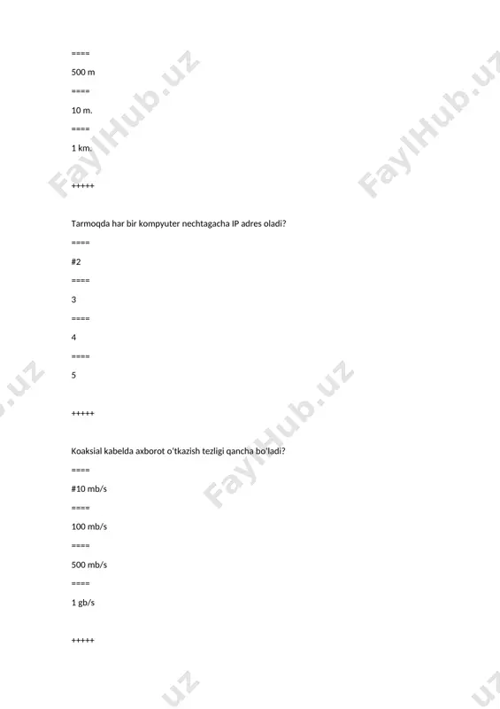 ==== font-weight ==== text-indent +++++ javascript: ==== #gipermatnli web-sahifalardagi ssenariylarni boshqarish tili ==== mijoz va server o’zaro aloqadorligini tavsiflash tili ==== serverli dasturlash tili ==== tarmoq ma’lumotlar bazasini bilan ishlash tili +++++ javascriptda: ==== #katta va kichik harflar farqlanadi ==== dasturga bog’liq ==== katta va kichik harflar farqlanmaydi ==== html teglari katta harflarda yoziladi +++++ web-sahifada matn elementini tekislashni o’rnatish buyrug’i qaysi? ==== #text-align ==== font-weight ==== text-decoration ==== text-indent +++++ web-sahifada matn abzasi birinchi satriga chetlanishni o’rnatish buyrug’i qaysi? ==== #text-indent ==== text-decoration ==== text-align ==== text-indent +++++ web-sahifada obyektdan chap tomonda boshqa obyektgacha bo’lgan matn maydonini o’rnatish buyrug’i qaysi? ==== #margin-left ==== margin-right ==== margin-top ==== margin-bottom +++++ web-sahifada obyektdan o’ng tomonda boshqa obyektgacha bo’lgan matn maydonini o’rnatish buyrug’i qaysi? ==== #margin-right ==== margin-left ==== margin-right ==== margin-top +++++ web-sahifada obyektdan yuqori tomonda boshqa obyektgacha bo’lgan matn maydonini o’rnatish buyrug’i qaysi? ==== #margin-top ==== margin-left ==== margin-right ==== …