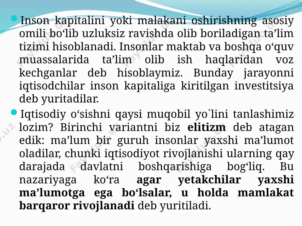 birgalikda mazkur xodimning mehnatga qobiliyatini shakllantiradi” i.v. ilinskiy inson kapitali ta’lim kapitali, sog‘liq kapitali va madaniyat kapitalidan iborat deb hisoblaydi. rossiyalik iqtisodchi s.a. dyatlov ushbu prinsip bo‘yicha inson kapitali investitsiyalar natijasida shakllantirilgan va inson tomonidan jamlangan sog‘lik, bilimlar, ko‘nikmalar, qobiliyat, motivatsiyaning muayyan zaxirasidir degan fikrni bildiradi. bu zaxira ijtimoiy ishlab chiqarishning u yoki bu sohasida maqsadga muvofiq foydalanar ekan, mehnat unumdorligini va ishlab chiqarish samaradorligini oshirishga yordam beradi, bu bilan mazkur insonning ish haqi (daromadi) ko‘payishiga ta’sir ko‘rsatadi. v.t. smirnov va i.v. skoblyakova esa inson kapitalini alohida inson, alohida korxona yoki korxonalar guruhi darajasida baholash lozimligini ko‘rsatadilar har qanday investitsiyalar bozori kabi inson kapitali bozori ham kamchiliklardan holi emas: • ish kuchining nisbatan erkin harakatlanishi ish beruvchilarni ish kuchini rivojlantirishga mablag‘ sarflashga intilishlarini kamaytiradi; • ayniqsa yoshlar o'rtasida ta’limning qimmati to‘g‘risidagi axborot yetishmasligi inson kapitaliga yetarli bo`lmagan darajada yoki noto‘g‘ri investitsiya kiritilishiga olib keladi; • aholining kattagina qismida o‘ziga investitsiya …
