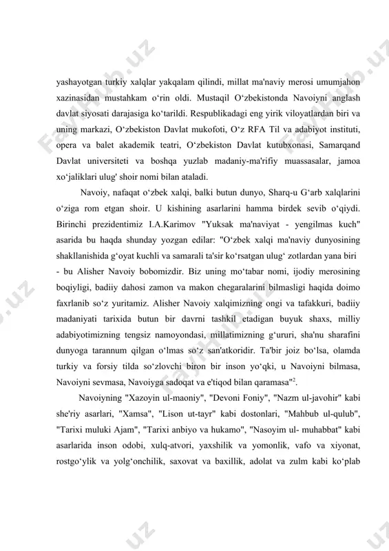 -yilda nashr etilgan nusxasi (sa’diy sheroziy. guliston 2005…)ga suyanildi. bitiruv malakaviy ishining tuzilishi. bitiruv malakaviy ishi kirish, uch asosiy bob, xulosa va foydalanilgan adabiyotlar ro‘yxatidan iborat. i bob. ”mahbub ul-qulub” asarida aforizmlar 10.1. asarning tarkibiy tuzilishi va g’oyaviy mundarijasi “mahbub ul-qulub” alisher navoiyning axloqiy-didaktik mazmunda yaratilgan asari bo'lib, yozilish tarixiga ko'ra, navoiyning so'nggi asari hisoblanadi (1500). asar mutafakkir shoirning umri davomida hosil qilgan tajribalari, kuzatuv va xulosalari asosida yaratilgan. asar muqaddima, uch qism va xotimadan iborat. muqaddimani navoiy an'anaga ko'ra, alloh hamdi bilan boshlaydi. muallif alloh taoloning al-azim, al- muhsin, al-qodir, al-vojid, ar-razzoq, al-xoliq, al-qahhor kabi zotiy va fe'liy sifatlariga izoh berish orqali bandalik izhor etadi. na't mazmunidagi satrlarda esa, xotamul anbiyo vujudidagi to'rt unsurda oldingi payg'ambarlar mo'jizalari yashiringani madh etiladi. islom payg'ambari koinot sarvari va barcha payg'ambarlardan afzal, insoniyatning eng yaxshisi deyiladi va buning vositasida islom dinining o'zak mohiyatini tashkil qiluvchi g'oya – barcha dinlar o'z mohiyatiga ko'ra bitta, …
