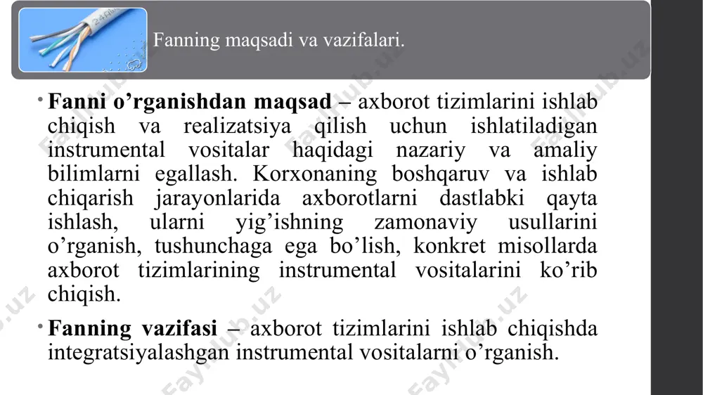 ro munosabatda bo’ladigan usullar to’plamidir. axborot tizimi bu - axborot jarayonlarini realizatsiya qiluvchi yoki qo’llab quvvatlovchi ixtiyoriy tizimdir. axborot tizimi - ob’ekt, hodisa yoki jarayonning holati haqida yangicha ma’lumot olish maqsadida ma’lumotlarni yig’ish, qayta ishlash va uzatish vositalari hamda usullari majmuasidan foydalanish jarayonidir. axborot tizimi – qo’yilgan maqsadga erishish uchun o’zaro aloqador vositalar va usullar to’plami yordamida axborotni saqlash, qayta ishlash va uzatishdir. ma’lumot, axborot, axborot jarayonlari, tizim, axborot tizimi, axborot tizimlarining instrumental vositalari tushunchalari. ахборот тизимларининг инструментал воситалари аппарат воситалари ҳисоблаш ва бошқаришнинг техник воситалари коммуникацион техник воситалари дастурий воситалар тизимли дастур воситалари амалий дастур воситалари эҳм компьютер қурилмалари алоқа линияси ва канали интерфейсли платалар ва қурилмалар алоқа қурилмалари операцион тизимлар ва оболочкалар тизим утилиталари атларини лойиҳалашнинг case-воситалари дастурларни ишлаб чиқувчи дв мббт ва sql технологик жараёнларни лойиҳалаш ва бошқаришни автоматлаштиришда дв матн, жадвал, график ва презентацион ҳужжатлар билан ишловчи дв технологик жараёнларни бошқаришнинг аппарат воситалари axborot tizimlarini ikkita …