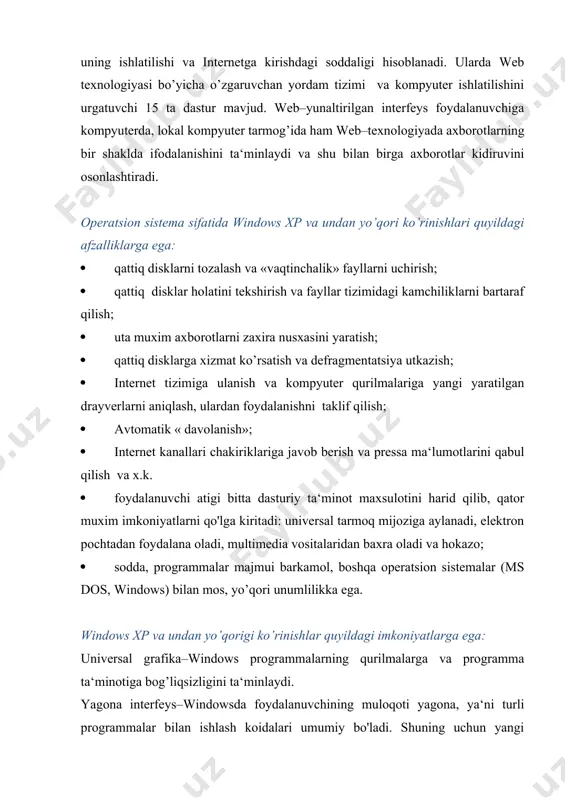 lanuvchining muloqoti yagona, ya‘ni turli programmalar bilan ishlash koidalari umumiy bo'ladi. shuning uchun yangi programma bilan ishlaganingizda bu qoidalardan foydalanishingiz mumkin. mavjud programma ta‘minoti bilan muvofiqligi-windows ms dos ning barcha amaliy paketlari, muharrirlari, elektron jadvallari ishini ta‘minlaydi. ko'p masalaliligi–windows bir paytning o'zida bir necha hujjat bilan ishlaydi, bir programmadan boshqasiga o'tishni ta‘minlaydi. mavjud operativ xotiradan to'liq foydalanish imkoniyati mavjud. qurilma resurslaridan ham to'liq foydalaniladi. windows qurilmalari orasidagi muloqotni programmalarning o'zi ta‘minlaydi ma‘lumotlar almashinuvi–windows programmalararo ma‘lumot almashish imkoniyatiga ega. bu maxsus clipboard (ma‘lumot almashish buferi), yoki dde (ma‘lumotlarning dinamik almashinuvi, ya‘ni boshqa programma natijalaridan foydalanish), ole (ma‘lumotlardan taxrirlangan holda foydalanish) yordamida amalga oshiriladi. windows os dan foydalanish vaqtida kamida quyildagi qurilmalar bo'lishi talab qilinadi: · protsessor –pentium-100 mgts va undan yo’qori; · tezkor xotiraning hajmi – 16 mbayt va undan katta · tizimning standart urnatilishi uchun qattiq diskda (vinchesterda) 195 mb bo'sh joyl bo’lishi kerak , lekin tizimning konfiguratsiyasi va tanlangan …
