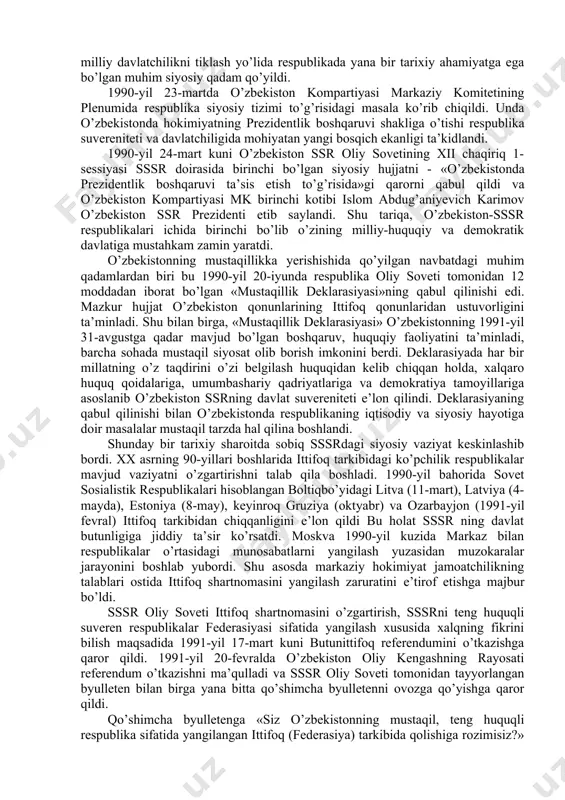 oqasida turgan yurtimizda tinchlik va barqarorlikni saqlab qolishda ulkan tarixiy qadam bo’lgan...» ana shunday o’zgarishlar tufayli odamlar dunyoda adolat va haqiqat borligiga, mus​taqillik har qaysi oila, butun xalqimiz uchun hyech narsa bilan o’lchab, qiyoslab bo’lmaydigan bebaho ne’mat ekaniga chin dildan ishonch hosil qilgan edilar. xx asr 80-yillarining o’rtalariga kelib sssrning parchalanishi real obektiv haqiqatga aylanib qoldi. 1989-yil 21-oktabrda o’zbekiston oliy sovetining xi sessiyasi «o’zbekiston ssrning davlat tili haqida»gi qonunini qabul qildi. o’zbek tili davlat tili deb e’lon qilindi. ish yuritish sekin-asta o’zbek tiliga o’tkazila boshlandi, uni o’rganishni yaxshilash yuzasidan aniq chora-tadbirlar belgilandi. ayni vaqtda rus tilini va respublikada yashovchi boshqa xalqlarning tillarini o’rganish uchun shart-sharoitlar yaratilishi lozim edi, tilni o’rganishning ixtiyoriyligi va uni tanlash huquqi qonunda belgilab qo’yildi. bu qonunning qabul qilinishi o’zbek xalqi, shu xalq milliy o’z-o’zini anglashining o’sishi, respublikada millatlararo hamjihatlikning saqlanib qolishi uchun juda katta ahamiyatga ega bo’ldi. davlat tili haqidagi qonun qabul qilinganidan so’ng milliy o’zlikni …