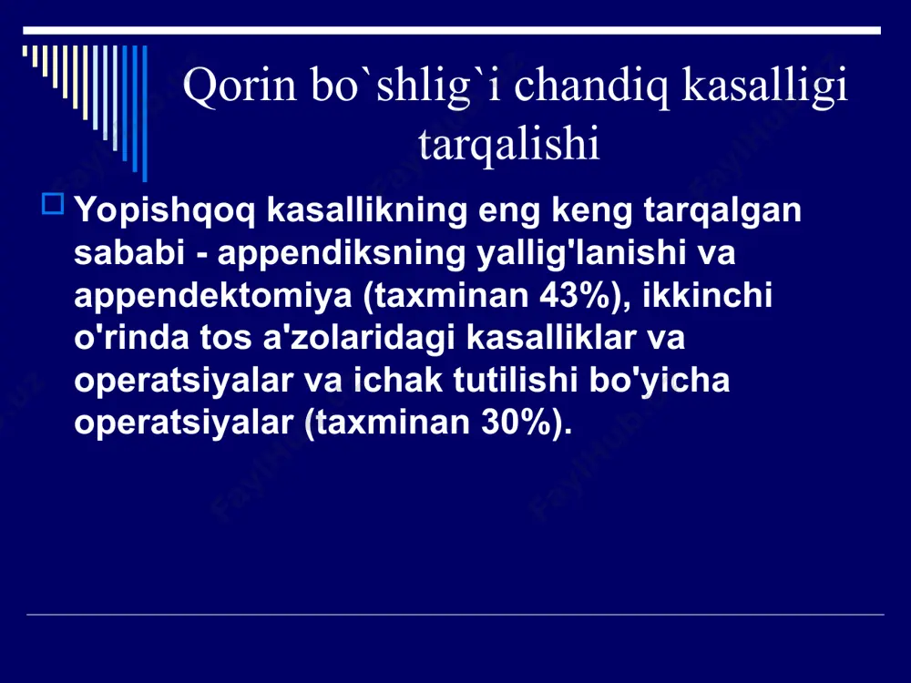 filtratsiya qilingan omentum katta maydonda appendiks va qo'shni ichak qovuzloqlari bilan birlashtirilgan bo'lsa, u holda infiltrat qayta so'rilganidan so'ng, ko'pincha omentum va appendiksning juda kichik yopishishlari qoladi va boshqa barcha yopishishlar. hal qilingan. qorin bo`shlig`i chandiqlarining rivojlanish mexanizmi (patogenezi) ushbu kuzatishlar natijasida yiringli peritonitdan tuzalib ketgandan so'ng darhol bitishmalar rezorbsiyasiga olib keladigan turli xil fizioterapevtik muolajalarni qo'llash mantiqiy degan xulosaga keldi. ushbu protseduralardan keyingi davrda, yopishqoqliklar allaqachon shakllangan bo'lsa, foydalanish noto'g'ri oqlanadi. patogenezi yopishqoq jarayon asosan qorin bo'shlig'ining pastki qismlarida bajarilgan operatsiyalardan so'ng va appendektomiyadan keyin rivojlanadi, bu operatsiyaning ko'proq chastotasi bilan izohlanishi kerak.ko'pincha laparotomiyadan keyin yopishqoq jarayon 20-30 yoshdagi bemorlarda rivojlanadi, shuning uchun bu yoshda, ayniqsa ayollarda jarrohlik aralashuvi uchun ko'rsatmalar juda oqilona bo'lishi kerak. * patogenezi yopishqoq jarayon asosan qorin bo'shlig'ining pastki qismlarida bajarilgan operatsiyalardan so'ng va appendektomiyadan keyin rivojlanadi, bu operatsiyaning ko'proq chastotasi bilan izohlanishi kerak. ko'pincha laparotomiyadan keyin yopishqoq jarayon 20-30 yoshdagi bemorlarda rivojlanadi, shuning uchun …