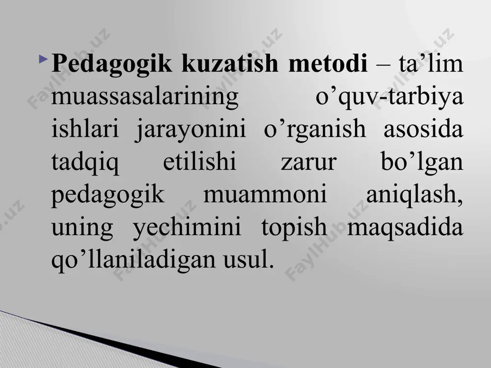 rni tahlil qilish (ta’lim muassasasi hujjatlarini o’rganish) metodi –pedagogik hodisa va dalillarni har tomonlama tekshirish, ta’lim muassasasi tomonidan meyoriy talablarning bajarilishi holatini o’rganish, erishilgan yutuq, yo’l qo’yilgan kamchiliklarni aniqlash, ilg’or ilmiy-pedagogik hamda ta’lim muassasasi tomonidan to’plangan amaliy-pedagogik tajribalarni ommalashtirish maqsadida qo’llaniladigan usul. o’quv mashg’ulotlarining jadvali; o’quv dasturi; guruh jurnallari; o’quvchilarning shaxsiy varaqalari; buyruqlar; pedagogik kengash yig’ilishi bayonnomalari va qarorlari; ta’lim muassasasi smetasi hamda pasporti; tarbiyaviy ishlar rejasi; o’quv-tarbiya ishlarini tashkil etishga oid hisobotlar; ta’lim muassasasi jihozlari bu kabi hujjatlar sirasiga quyidagilar kiradi: kontent-tahlilmetodi(inglizcha “contens”–mazmun)–hujjatlarda aksettirilganturlidalillarva an’analarlarnianiqlashyokio’lchash maqsadida ularning mazmunini sifat hamda miqdor ko’rsatkichlari asosida tahlilqilishusuli. matn bilan tanishgunga qadar nima sodir bo’lganligi hamda u yoki bu holatning nima uchun ushbu matnda aks etganliginini aniqlash (bu yerda matn o’rganilayotgan ob’ektning ma’lum jihati: borliq, muallif yoki matn yo’naltirilgan shaxsning holatini yoritadigan indikator sifatida namoyon bo’ladi); matnni faqat undagina mavjud bo’lgan muayyan belgilar (til xususiyati, tarkibiy tuzilmasi, xabarning janri, nutqning sur’ati (ritmi) yoki …