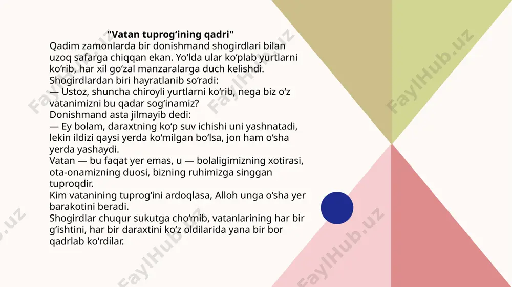 , rasululloh (s.a.v) makka shahriga bo‘lgan sog‘inchlari va muhabbatlarini ochiq ifoda etganlar. 6 vatanni sevish iymondandir (hadis sharhi) "hubbul vatani minal iymon" — ya'ni "vatanni sevish iymondandir." bu hadis vatan muhabbatining qanchalik ulug‘ va muhim ekanligini anglatadi. iymonli kishi vatanini sevadi, uni himoya qiladi va unga zarar yetkazilmasligi uchun harakat qiladi. agar inson vataniga befarq bo‘lsa, uning iymoni kamolga yetmagan bo‘lishi ehtimoldan holi emas. 7 rasululloh (s.a.v) ning vatanga bo‘lgan muhabbatlari rasululloh (s.a.v) tug‘ilgan shaharlari — makka shahrini juda yaxshi ko‘rganlar. hijrat paytida makkadan chiqayotib ko‘zlariga yosh olganlari va shunday deganlari rivoyat qilinadi: "sen (makka) mening uchun eng suyukli yersan. agar xalqing meni bu yerdan chiqarib yubormaganida, albatta seni tark etmagan bo‘lur edim." 8 makka va madina sevgisi haqida hadislar makka va madina shaharlarining musulmonlar uchun o‘rni beqiyosdir. payg‘ambarimiz (s.a.v) madinaga hijrat qilganlaridan keyin ham: "allohim! madinani ham bizga makka kabi, hatto undan ham ortiqroq sevdirgin," — deb duo qilganlar. …