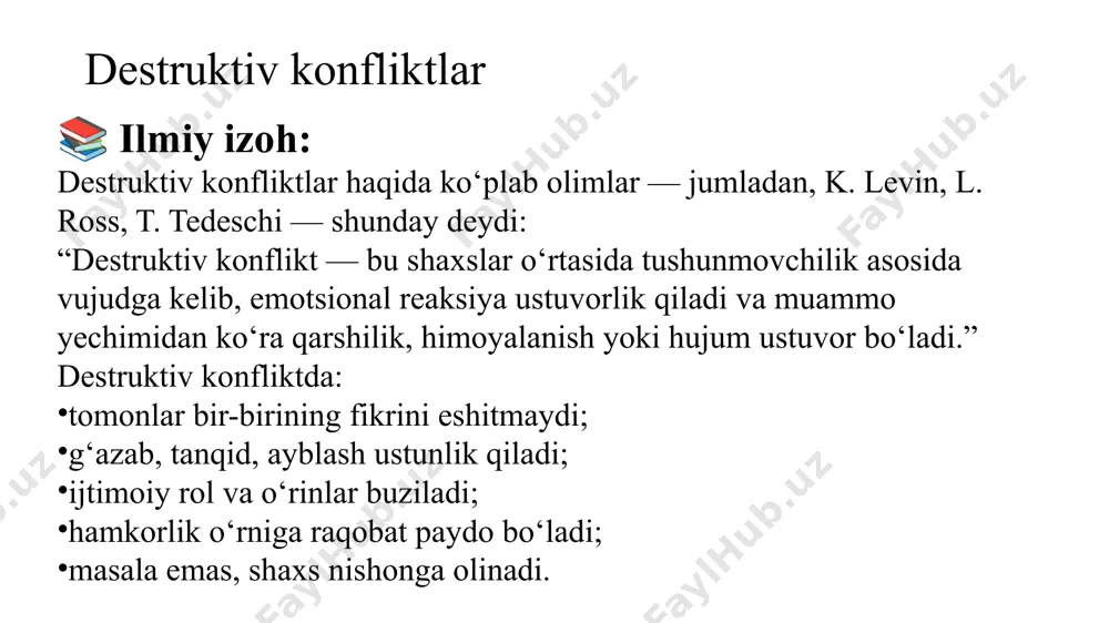 tga tez moyil bo‘lasiz. vaziyatni tahlil qilishni va sabr qilishni o‘rganish kerak. 🔹 1. o‘zini anglashni oshirish shaxs o‘z hissiyotlarini, g‘azab, hafsala pir bo‘lishi yoki norozilikni tan olishi kerak. "men nimaga tez asabiylashaman?", "men qanday vaziyatlarda ziddiyatga kirishaman?" degan savollar ustida fikr yuritish foydali. maslahat: kundalik tutish va o‘z hissiyotlarini yozib borish orqali o‘z-o‘zini tahlil qilishni boshlang. 🔹 2. nazoratli emotsiyalar emotsional portlashlar konfliktni chuqurlashtiradi. g‘azab paytida “10 gacha sanash”, chuqur nafas olish, vaqtincha chiqib ketish kabi o‘zini boshqarish usullarini qo‘llash tavsiya etiladi. 🔹 3. eshitishni o‘rganish har qanday muammo yoki tortishuvda birinchi navbatda boshqa tomonning nuqtai nazarini tushunishga harakat qilish kerak. faol tinglash (ko‘z bilan aloqa, bosh irg‘ash, so‘zini bo‘lmaslik) muhim. 🔹 4. tanqidni qabul qilishni o‘rganish tanqidni hujum sifatida emas, o‘zini rivojlantirish imkoniyati sifatida qabul qilish kerak. 🔹 5. konstruktiv muloqotga o‘tish ayblovsiz, hurmatga asoslangan "men-xabarlari"dan foydalanish: ❌ "sen meni doim xafa qilasan!" ✅ "men o‘zimni e’tibordan chetda …
