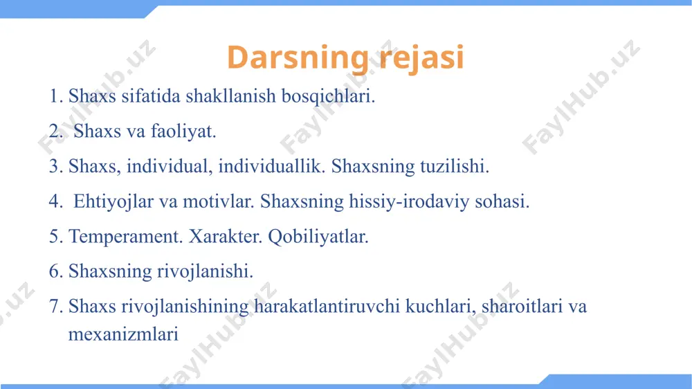 atlarni o`z ichiga oladi kognitiv rivojlanish – bolalarning aql-idrokida, tushunchalarida, xotirasida va tilida sodir bo`ladigan yoshga bog`liq o`zgarishlarni anglatadi. bu oilalar, maktablar va o`quvchilar jamoasida bolalarning tajribalari bilan rivojlangan o`zgarishlardir ijtimoiy-emotsional rivojlanish – his-tuyg`ular, o`z-o`zini anglash, motivatsiya, ijtimoiy munosabatlar va axloqiy fikrlash, xulq-atvorda yuzaga keladigan ko`plab o`zgarishlarni o`z ichiga oladi va bu ko`p jihatdan bolalarning boshqa odamlar bilan o`zaro munosabatlariga bog`liq rivojlanishda asosiy masalalar rivojlanish psixologiyasi tarixidan mazkur psixologiya fanining sohasi alohida predmet sifatida xx asrning boshlarida vujudga kelgan, lekin dastlabki ildizi qadimgi yunon madaniyatiga borib taqaladi. uning predmeti va qonuniyatlari to‘g‘risida jahon psixologiyasi olamida turli qarashlar, nazariyalar mavjud. ularning juda keng tarqalganlari biogenetik (i. shtern), sotsiogenetik (k.levin), bixevioristik (e.torndayk), psixoanalitik (3.freyd) nazariyalardir. bola rivojlanishi taraqqiyoti bosqichlarida uchta asosiy muammo ajratiladi tabiat va tarbiya bolaning rivojlanishidagi genetik omillar va atrof-muhit ta’sirining birlashuvi universallik va xilma-xillik taraqqiyot yo`lidagi umumiylik va xilma-xillik sifat va miqdor o`zgarishi rivojlanish ko'pincha xatti-harakatlar va fikrlash jarayonlariga …