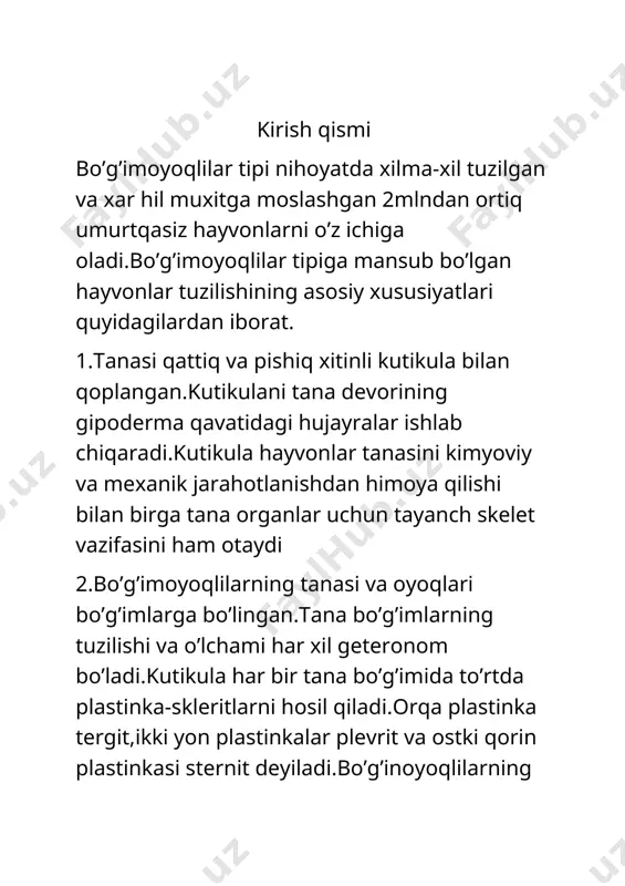 boshko‘krak qismining ikkinchi juft o‘simtasi bu pedipalpalardir (paypaslagich oyoq). ularning har biri 6 ta bo‘g‘imdan tashqil topgan, keyingi ikki bo‘g‘imi haqiqiy qisqichni hosil qiladi. pedipalpalar asosan sezish vazifasini bajaradi, lekin ular ovqatni (hasharotlarni) tutish va ushlab og‘izga olib kelishda ishtirok etadi (51-rasm). chayonning yurish oyoqlari 4 juft. 51-rasm. chayon (butchus eupeus) ning orqa va qorin tomonidan ko‘rinishi. 1-bosh ko‘krak qismi; 2-xelitsera; 3-pedipalpa; 4-yurish oyoqlari; 5-telson; 6-nayza; 7-i-vii-oldingi qorin segmentlari; 8-viii-xii-keyingi qorin segmentlari; 9-anal teshigi; 10-nafas olish teshiklari; 11-taroqsimon o‘simta; 12-jinsiy qopqoqchalar. o’rgimchaklar turkumi(aranei) qoraqurt (lathrodestus tredesimguttatus) kanalar turkumi (acari) yaylov kanasi (ixodes ricinus) ning tuzilishi yaylov kanasi (ixodes ricinus) ning tuzilishi. a- urg‘ochisi: b- xartumchasi: s-qorin tomonidan ko‘rinishi: 1-xartum; 2-tana qismi; 3-yurish oyoqlari; 4-asosiy xartumi; 5-pedipalpa; 6-gipostom; 7-xelitseralar; 8-xelitsera qini. jabra bilan nafas oluvchilar (branchiata) kenja tipi. qisqichbaqasimonlar (crustacea) sinfi. tuban qisqichbaqasimonlar: dafniya va siklop 1. dafniya (daphnia pulex)ning tuzilishi dafniya shoxdor mo’ylovli qisqichbaqalar (cladocera) ya’ni suv burgalari kenja turkumiga …