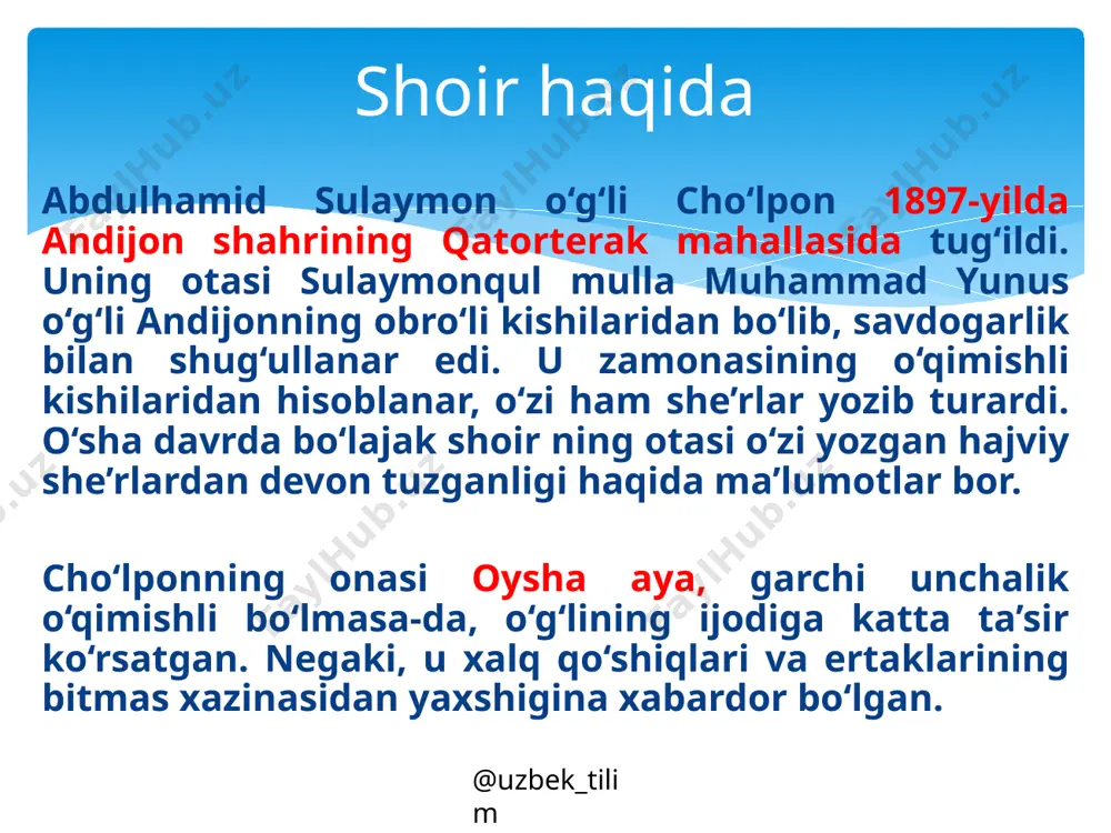 alang‘och aytishga urinmaydi – bularning bari romanda jonli odamlar, ularning taqdiri, xarakterlari mantiqi vositasida ochiladi». «qurvoni jaholat» «qor qo‘ynida lola» «novvoy qiz» «oydin kechalarda» hikoyalari @uzbek_tilim «hamal keldi – amal keldi» “kecha va kunduz” romani uchun tanlangan epigraf @uzbek_tilim @uzbek_tilim razzoq so‘fi so‘fi «o‘zidan ulug‘ va kuchlilar gapirsa – «hovva-hovva», deb tasdiqlaydi; «o‘zidan past va kuchsizlar gapirsa – «yo‘q, yo‘q», degan ma’noda» inkor etib boshini chayqaydi. @uzbek_tilim foydalanilgan adabiyot: adabiyot [matn] 11-sinf: darslik-majmua: /boqijon to‘xliyev, bahodir karimov, komila usmonova. – toshkent: «o‘zbekiston milliy ensiklopediyasi» davlat ilmiy nashriyoti, 2018. image3.jpg /docprops/thumbnail.jpeg