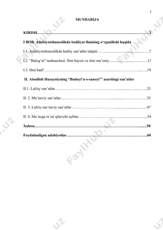 illarini o‘zlashtirish, falsafa, mumtoz adabiyotga oid ilmlarni egallash kiradi. ayniqsa, adabiy asarlar badiiyat bilan yo‘g‘rilgani uchun ularni o‘qib tushuna olishda badiiy san’atlarni bilish talab etiladi. bu borada atoulloh husayniyning “badoyi’u-s-sanoyi’” asari qimmatli manba hisoblanadi. bu asar ajam xalqlari orasida badiiy san’atlarga oid asar sifatida mashhurdir. bu asar va uning muallifi haqida alisher navoiy o‘zining “majolisu-n-nafoyis” asarida “...ammo sanoyi’da kitobe tasnif qiliptur “badoyi’-i atoiy”g‘a mavsumdur...” deb yozadi. balog‘at ilmining rivojiga munosib hissa qo‘shgan bu asar xv-xvi asrlarda yaratilgan. muallif bu asarida balog‘at san’atlarini “miftohu-l-’ulum” da uchramagan o‘ziga xos uslubda tasniflaydi. “badoyi’u-s-sanoyi’” asari bir necha tillarga tarjima qilingan bo‘lsa-da, uning o‘ziga xos xususiyatlari maxsus o‘rganilmagan. demak, ushbu tadqiqot mavzuining dolzarbligi atoulloh husayniy yozgan “badoyi’u-s-sanoyi’” asari mundarijasining o‘rganilishi bilan belgilanadi. ilmiy izlanishning maqsad va vazifalari. atoulloh husayniyning “badoyi’u-s-sanoyi’” asarida badiiy san’atlar tasnifini o‘rganish mazkur tadqiqotning maqsadidir. shuningdek, tadqiqotda quyidagi vazifalar belgilandi: - balog‘at ilmi haqida ma’lumot yig‘ish; - “badoyi’u-s-sanoyi’” asarining tarkibini tadqiq qilish; …