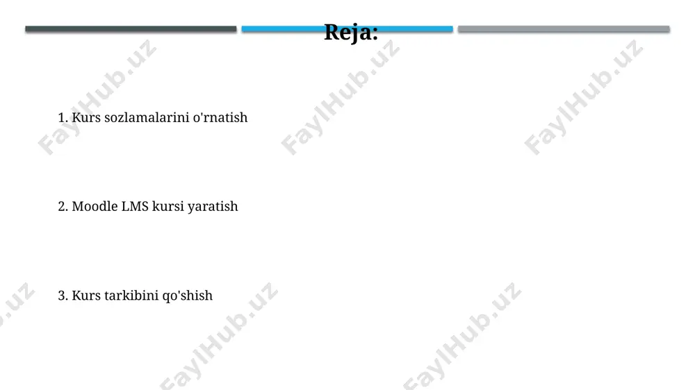 fa turi (masalan, asosiy sahifa, mavzular, topshiriqlar) dan foydalanish tavsiya etiladi, bu esa kursning tuzilishini yaxshilaydi va o'quvchilarga navigatsiya qilishni osonlashtiradi. kurs yaratish jarayoni moodle'da kurs yaratishda siz 5 xil formatdan birini tanlashingiz mumkin: mavzu bo'yicha, haftalar bo'yicha, o'quv materiallari bo'yicha va boshqalar. har bir formatning o'ziga xos afzalliklari va kamchiliklari bor. kurs yaratishda avval kurs nomi, qisqacha tavsifi va kategoriyasini (masalan, "dasturlash", 1-kurs) aniqlash muhim, shuningdek, kursga kirish uchun ro'yxatdan o'tish usulini tanlash kerak. forumlarni yaratish va sozlash moodle forumlarida 2 ta asosiy tur mavjud: "umumiy forum" va "muhokama forumlari", har biri o'ziga xos xususiyatlarga ega bo'lib, turli maqsadlar uchun qo'llaniladi. har bir forumga alohida ta'rif, mavzu va maqsad qo'yish orqali o'quvchilarni aniq yo'naltirish va samarali muhokamalarni ta'minlash mumkin, bu esa o'quv jarayonini 20% ga yaxshilaydi. dars materiallarini yuklash moodle’ga 50 mb dan katta hajmdagi fayllarni yuklashda, zip arxivlari yordamida bir nechta kichikroq fayllarga bo'lib yuklash tavsiya etiladi, bu …
