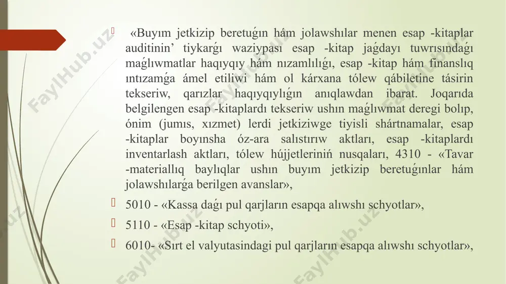 ı menen alınǵan summaǵa; 5210 «mámleket ishindegi valyuta schetları» shet el valyutalarda alınǵan kredit summasına; 5510 «akkreditivler» akkreditivler ashıw ushın alınǵan kredit summasına; 6010 «jetkerip beriwshilerge tólenetuǵın schetlar» tovar jiberiwshi hám pudratchilardan bolǵan qarızdı tólep jiberiw jolı menen alınǵan kredit summasına; 6810 hám 7810 schetlardıń debetinde kreditlerdiń jartısı yamasa tolıq qaytarılıw sáwlelenip 5110, 5210 hám 5510 schetlar menen korrespondentlenedi. 6810 hám 7810 schetla boyınsha kredit túrlerine qarap tómendegi schetlar ashılıwı múmkin: 1. «kreditke satılǵan tovarlar boyınsha» 2. «jeke úy-jay qurılısına» 3. «daladaǵı baǵ hám úylerdiń qurılısına» bul mashqalalar tómendegi provodkalar menen kórsetiledi: 1. kreditke satılǵan tovarlar boyınsha tapsırıw júklemesin tólew ushın bankten kredit alındı. debet 4710 «kreditke satılǵan tovarlar boyınsha personallardıń qarızları» kredit 6810 yamasa 7810 2. jumısshı hám xızmetkerler kreditge alınǵan tovarlar boyınsha óz qarızların qaytarǵanda. debet 5010 yamasa 6710. kredit 4710 «kreditke satılǵan tovarlar boyınsha personallardıń qarızları» 3. kreditke satılǵan tovarlar boyınsha banklerden alınǵan qarız qaytarılǵanda. debet 6810 …