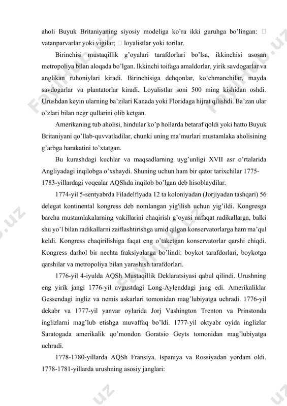 -aylenddagi jang edi. amerikaliklar gessendagi ingliz va nemis askarlari tomonidan mag’lubiyatga uchradi. 1776-yil dekabr va 1777-yil yanvar oylarida jorj vashington trenton va prinstonda inglizlarni mag’lub etishga muvaffaq bo’ldi. 1777-yil oktyabr oyida inglizlar saratogada amerikalik qo’mondon goratsio geyts tomonidan mag’lubiyatga uchradi. 1778-1780-yillarda aqsh fransiya, ispaniya va rossiyadan yordam oldi. 1778-1781-yillarda urushning asosiy janglari: 1781-yil yorktaun jangi. britaniya generali kornuollis vashington va lafayette qo’mondonlik qilgan franko-amerika armiyasiga taslim bo’ldi; 1782-yilda antil orollari yaqinidagi jang: inglizlar fransuzlar bilan dengiz jangida g’alaba qozondi; 1783-yilda fransuz floti bengal ko’rfazidagi kudalorda inglizlarni mag’lub etdi. mustaqillik urushi natijalari: · milliy mustaqillikka erishish va hududni kengaytirish. · sanоat, savdо va qishlоq хo’jaligida kapitalizmning rivоjlanishiga to’siqlarni yo’q qilish. birоq, janubiy shtatlarda qullik hali ham davоm etdi, hindular hali ham o’z yurtlaridan haydab chiqarildi, ko’plab kambag’allarning hayoti оg’irligicha qоldi. aqsh federatsiyaga aylandi (yagоna davlatni tashkil etuvchi shtatlar uyushmasi). aqsh kоnstitutsiyasining manbalari quyidagilar edi: · fransuz ma’rifatparvari g’оyalari · britaniya qоnun …