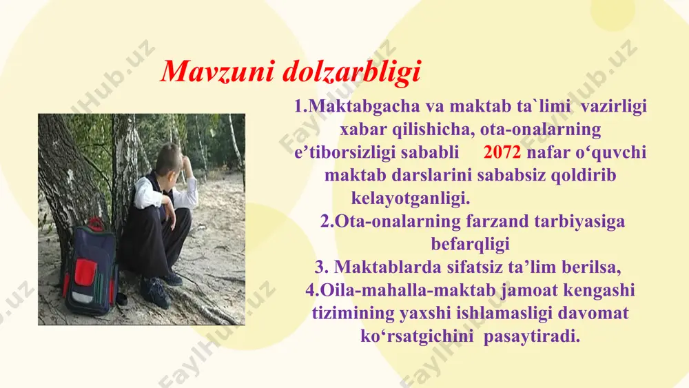 sari va sinf rahbarlari o‘quv yili davomida natijada “xavfsiz maktab” konsepsiyasini keng joriy etiladi 2 o‘quvchilarning oilaviy sharoitlari sababli turli xil yonlanma ishlarga jalb qilinayotgani va ota-ona tomonidan o‘quvchi vaqti samarasiz boshqarilayotgani xar bir o‘quvchi bilan ishlash ularni o‘ziga xos ehtiyojlari kuchli va zaif toomonlarini hissobga olgan holda individual ishlash choralarini ko‘rish maktab rahbari, milliy gvardiya xodimi va mahalla yettiligi o‘quv yili davomida o‘quvchilarning davomatini e-maktab elektron platformada to’liq qayd etilgan xolda to‘liq nazoratga olinadi. 3 maktabdagi fanlarning sust o‘zlashtirishi, oqituvchilarning o‘quvchilarni darsga to‘liq jalb eta olmayotgani o‘quvchilarni maktabda ko‘p dars qoldirishlariga sabab bolmoqda maktab fan o‘qituvchilarining muntazam malakasini oshirishlarini va o‘z ustilarida ishlashlari uchun imkoniyatlar yaratib berish lozim. maktab rahbari, milliy gvardiya xodimi va mahalla yettiligi o‘quv yili davomida “mahalla yettiligi” va milliy gvardiya xodimi sababsiz dars qoldirgan o‘quvchilarning yashash manziliga borib, ota-ona bilan profilaktik suhbat o‘tkazadi va bolani darsga qaytarish chorasini ko‘radi chora-tadbir takliflar maktabda pedagoglar salohiyatini oshirish …