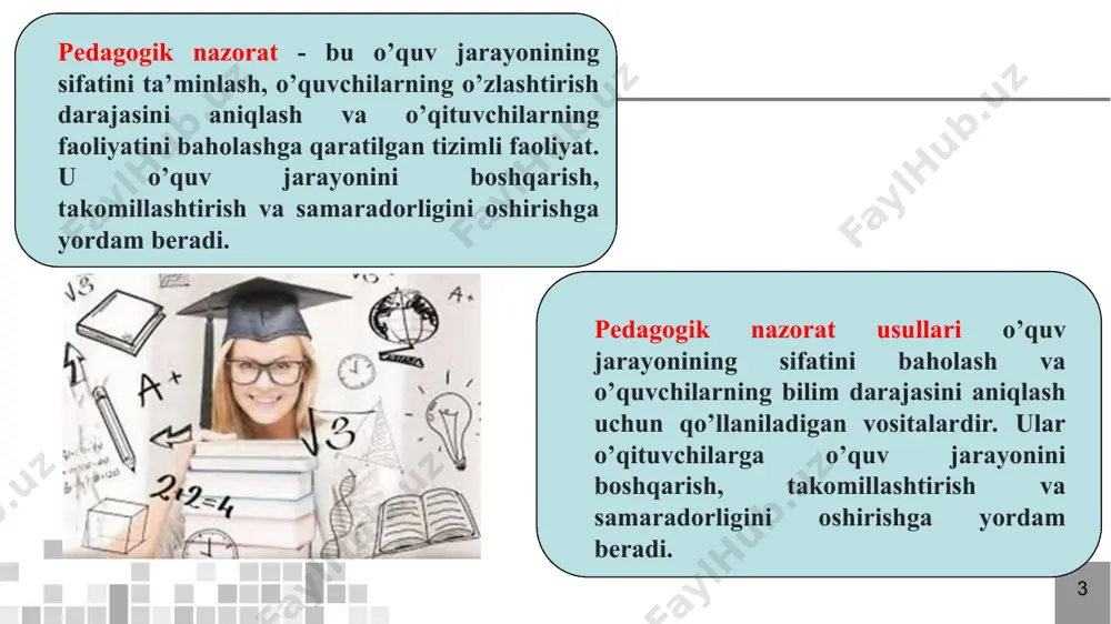 llari: testlar, amaliy mashg’ulotlar, loyihalar, taqdimotlar. в учебном процессе все функции тесно взаимосвязаны и переплетены. однако обычно одна, ведущая функция превалирует над остальными. так, на семинаре в основном проявляется обучающая функция: высказываются различные суждения, задаются наводящие вопросы, обсуждаются ошибки, но вместе с тем семинар выполняет диагностическую и воспитывающую функции. зачеты, экзамены, тестирование выполняют преимущественно диагностическую функцию контроля. методы самооценки направлены на рефлексию обучающихся и выполняют прежде всего воспитательную функцию * * pedagogik nazorat funktsiyalari tarbiyaviy maqsadi: o’quvchilarda mas’uliyatlilik, intizomlilik, mehnatsevarlik va o’z burchini his qilish kabi ijobiy xislatlarni shakllantirish. vazifalari: o’quvchilarning vaqtidan unumli foydalanishiga ko’maklashish. topshiriqlarni o’z vaqtida va sifatli bajarishga o’rgatish. o’z xatolarini tan olishga va ularni tuzatishga intilishni rivojlantirish. usullari: baholash mezonlarini e’lon qilish, adolatli baholash, rag’batlantirish, tanqid qilish. в учебном процессе все функции тесно взаимосвязаны и переплетены. однако обычно одна, ведущая функция превалирует над остальными. так, на семинаре в основном проявляется обучающая функция: высказываются различные суждения, задаются …