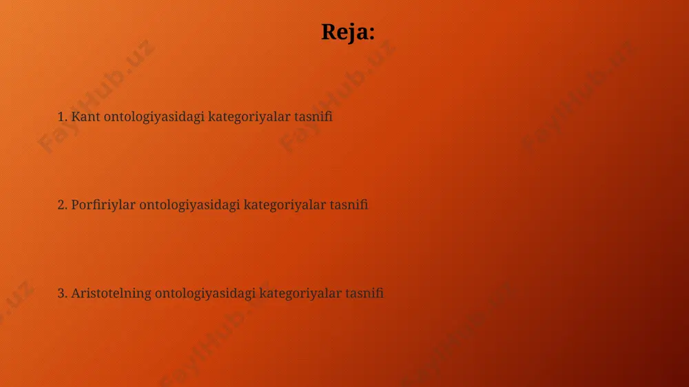 yaratilgan. kantning kategoriyalar tasnifi va uning aristotel va porfiriydan farqi kantning kategoriyalar tasnifi 12 ta sof aql kategoriyasiga asoslangan boʻlib, ular subyekt va predikat munosabatlarini ifodalaydi, aristotelning 10 ta kategoriyasidan farqli ravishda ob’ektlarning oʻziga xos xususiyatlarini emas, balki ular orasidagi munosabatlarni ta’kidlaydi. porfiriyning "isagoge" asarida kategoriyalarni iyerarxik tasnifi berilgan boʻlsa, kant esa kategoriyalarning transandantal manbasini, ya’ni ularning aqlning oʻziga xos shakllari ekanligini ta’kidlaydi, bu aristotel va porfiriydan keskin farq qiladi. kantning kategoriyalari bilimning a priori shartlarini ifodalaydi, aristotel va porfiriydagi kategoriyalar esa asosan empirik kuzatishlarga asoslangan boʻlib, bu ularning epistemologik asoslaridagi tub farqni koʻrsatadi. kant ontologiyasidagi kategoriyalar tasnifi uning ontologiyasida kategoriyalar, bilish jarayonining a priori shartlari sifatida, empirik tajribadan mustaqil 12 ta toifaga ajratiladi va ob'ektiv haqiqatning asosiy tuzilmalarini ifodalaydi. kantning kategoriyalar tasnifi, aristotel va porfiriylarnikidan farqli ravishda, transandantal mantiqqa asoslangan bo'lib, bilimning mumkin bo'lish shartlarini aniqlashga qaratilgan. kant ontologiyasida 12 ta toza aql kategoriyasi mavjud bo'lib, ular miqdor (birlik, …