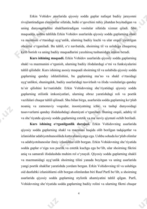 va semantik ahamiyatini o‘rganib, shoirning tilining umumiy strukturasini tahlil qilgan. shavkat mirmuhamedovning izlanishlari esa, erkin vohidovning asarlaridagi sodda gaplarning qanday estetik va semantik o‘zgartirishlar yaratishdagi rolini va ulardan obraz yaratishda qanday foydalanilishini ko‘rsatdi. mirmuhamedov vohidovning she’riyatida sodda gaplarning hissiyotlarni va zamonning ijtimoiy holatlarini aks ettirishdagi o‘rnini tahlil qilgan. ushbu tadqiqotlar erkin vohidovning she’riyatidagi qiyosiy sodda gaplarning shakl va mazmunini yanada chuqurroq tushunishga yordam beradi. tadqiqotchilar bu sohada olib borgan ilmiy izlanishlari orqali vohidovning badiiy tilini va uslubini o‘rganishda yangi yondoshuvlar ishlab chiqqan. bu izlanishlar, shoirning asarlarida qiyosiy sodda gaplarning estetik va semantik maqsadlarni amalga oshirishda qanday ishlatilganligini o‘rganishga imkon yaratgan. kurs ishining obyekti. erkin vohidovning asarlarida qiyosiy sodda gaplarning shakl va mazmuni bo‘ladi. ushbu obyektda erkin vohidovning she’riy tili va uslubida qiyosiy sodda gaplarning qanday ishlatilgani, ularning estetik, semantik va badiiy funksiyalari, shuningdek, bu gaplarning obrazlarni yaratishda va umumiy poetik tasvirlarda qanday o‘rin tutishini o‘rganish ko‘zda tutilgan. bunda, shoirning she’rlarida …