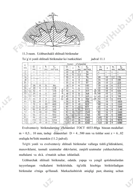 uklanish konsentratsiyasi emas, balki birikmadagi davriy surilishlar ham hosil bo'ladi. yuqorida aytilgandan ko'rinadiki, korrozion - mexanik yeyilishni birikmadagi tirqishlarni kichraytirib va tishli gardishni gupchakning o ‘rtasiga joylashtirib kamaytirish mumkin ekan. birikmaning yuklanish qobiliyatini oshirish uchun, bundan tashqari, tayyorlash aniqligini va ishchi sirtlarning qattiqligini oshirish choralari ham qo'llanadi. agar birikma faqat burovchi moment bilan yuklansa (f va fa nolga teng), masalan, muftani valga biriktirishda, u holda nisbiy tebranma surilishlar, yeyilish ham bo`lmaydi. bunday birikmalar yeyilishga hisoblanmaydi. shlitsali birikmalarning yuklanish qobiliyatini hisoblash usullari shlitsalar ishchi sirtlarining ezilishi va yeyilishi bosim σez bilan bog`liq. agar [σez] ning ruxsat etilgan qiymati ezilish va yeyilishning ta’sirini hisobga olib belgilansa, u holda “σez” ni hisoblashda yeyilish va ezilishning umumiy mezoni sifatida qabul qilish mumkin. bunday hisob umumlashgan mezon bo'yicha soddalashtirilgan (taxminiy) hisob deyiladi. xizmat qilish muddati, yuklanish sharoiti va sh.k.ni hisobga olib ezilish va yeilishni alohida hisoblashga urinishlar bo'lgan bir qator tadqiqotlar natijasi гост 21425-75 da …