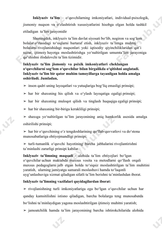 ladi: umumiy kasalliklar (ish bilan bogʻliq boʻlmagan) oqibatidagi nogironlik; turmushdagi baxtsiz hodisalar natijasida shikastlanish oqibatida yuz bergan nogironlik; ishlab chiqarishdagi jarohatlar va kasb kasalligiga duchor boʻlish natijasidagi nogironlik; kasb kasalligiga chalinish tufayli yuz bergan nogironlik; oʻzbekistonni himoya qilish yoki boshqacha tarzda harbiy burchni bajarish paytida roʻy bergan nogironlik; harbiy burchni bajarish bilan bogʻliq boʻlmagan harbiy xizmatni oʻtash davridagi nogironlik. bu boradagi tartib-qoidalar oʻzbekiston respublikasi vazirlar mahkamasining 1994-yil 24-noyabrdagi 317-son qarori bilan tasdiqlangan "tibbiy-mehnat ekspertiza komissiyalari toʻgʻrisida nizom"da koʻrsatib oʻtilgan. oʻzbekiston respublikasi vazirlar mahkamasi 1995-yil 11-noyabrda "oʻzrning nogironlarni reabilitatsiya qilish borasidagi chora-tadbirlari davlat dasturi toʻgʻrisida" qaror qabul qildi. mazkur qarorning ijrosi nogironlarni reabilitatsiya qilish markazlari sistemasi (nogironlarni tibbiy-ijtimoiy va kasb boʻyicha reabilitatsiya qilish milliy markazi, tayanch-harakat sistemasi kasalliklarida nogironlar reabilitatsiya markazi va 10 ta umumiy tipdagi hududiy reabilitatsiya markazlari) tashkil etildi. bular joylardagi tmeklar bilan hamkorlikda nogironlarni tibbiy-ijtimoiy reabilitatsiya qilish chora-tadbirlarini amalga oshiradi inklyuziv ta’limni oiladan maktabgacha ta’lim muassasalarida, umumta’lim maktablarida, …