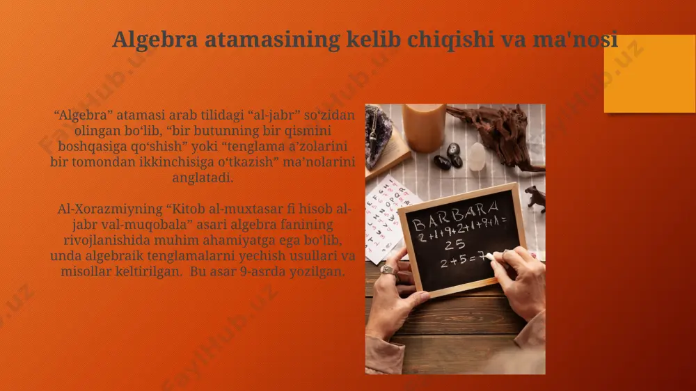 schisi hisoblanadi va uning “kitob al-muxtasar fi hisob al-jabr val-muqobala” asari algebraik tenglamalarni yechish usullarini bayon qiladi. muhammad al-xorazmiy va algebra fanining asoslari al-xorazmiyning “kitob muxtasar min al-hisob al-jabr val-muqobala” asari algebra fanining asosini tashkil etgan bo'lib, unda tenglamalarni yechishning 1-darajali va 2-darajali usullari bayon etilgan. uning algebradagi hissasi, 0 (nol) raqamini va o'nlik sanoq tizimini joriy etish, algebraik tenglamalarni echish usullarini ishlab chiqish va algoritmlashtirish nazariyasiga asos solishdan iborat. zamonaviy pedagogik texnologiyalar va tarixiy materiallardan foydalanish boshlang'ich sinflarda 2-3-sinflarda sonlar sistemasini o'rgatishda, muhammad al-xorazmiyning "nol" raqamini kashf qilganligi haqidagi ma'lumotlarni integratsiyalashgan darslarda qo'llash mumkin. zamonaviy pedagogik texnologiyalar, jumladan, interfaol usullar, 8-sinf o'quvchilariga algebra asoslarini o'rgatishda al-xorazmiyning algebraga qo'shgan hissasi orqali samarali qo'llanilishi mumkin. tarixiy materiallardan foydalanishning o'quv jarayonidagi roli o'rta asr olimlari, masalan, abu rayhon beruniyning trigonometriya va sferik trigonometriya bo'yicha kashfiyotlari, 5-7-sinflarda geometrik tushunchalarni boyitadi va mavhum tushunchalarni amaliy misollarda tushuntirishga imkon beradi. tarixiy materiallar, masalan, al-xorazmiyning algebraga …