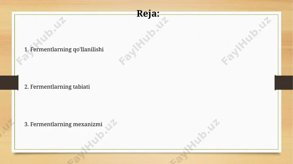 olashda qo'llaniladi; masalan, qon ivishini aniqlashda yoki 100 dan ortiq genetik kasalliklarni aniqlashda muhim ahamiyatga ega. fermentlarning inhibisyon va aktivatsiyasi ferment inhibitsiyasi raqobatdosh (km o'zgaradi, vmax o'zgarmaydi) va raqobatdosh bo'lmagan (km o'zgarmaydi, vmax kamayadi) turlarga bo'linadi, bu ularning ferment bilan o'zaro ta'sir mexanizmlarini aks ettiradi. km qiymati ferment-substrat kompleksining dissotsiatsiya konstantasi bilan bog'liq bo'lib, fermentning substratga nisbatan affinitatini ko'rsatadi; yuqori km qiymati past affinitatni bildiradi. fermentlarning tuzilishi va mexanizmi ko'pgina fermentlarning ishlashiga 1 dan ortiq koenzim yoki kofaktorlar kerak bo'lib, ular reaksiya mexanizmining muhim bosqichlarida ishtirok etadi. fermentlarning faol markazi, substrat bilan bog'lanish uchun maxsus 3d tuzilmaga ega bo'lib, substratning molekulyar shakliga yuqori darajada mos keladi va reaksiyani tezlashtiradi. e'tiboringiz uchun rahmat @taqdimot_robot image7.jpg image8.jpg image9.jpg image10.jpg image11.jpg image12.jpg image13.jpg image3.png image4.png